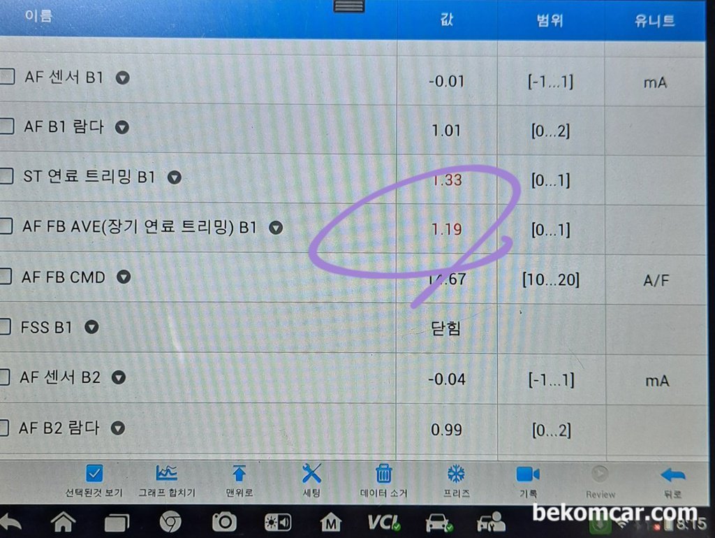 단기연료(STFT) 및 장기연료(LTFT) 보정값 합한것이 +52%이다|베콤카 차량정밀진단