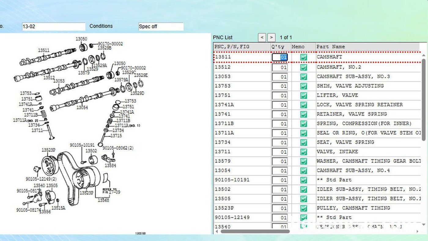 13568, Belt, Timing x 1개
13540, Tensioner Assy, Chain No.1 x 1개
13471, Pully, Cankshaft x 1개
13523P, Pully, Camshaft Timing x 2개 (옵션)
13502, Idler Sub-Assy Timing Belt x 1개
13505, Idler Sub-Assy Timing Belt x 1개
90080, Seal, Crankshaft x 1개
* 일부 부품번호 (벨트, 오토텐셔너) 는 도면에 표시되지 않음.|ベコムカー (bekomcar)