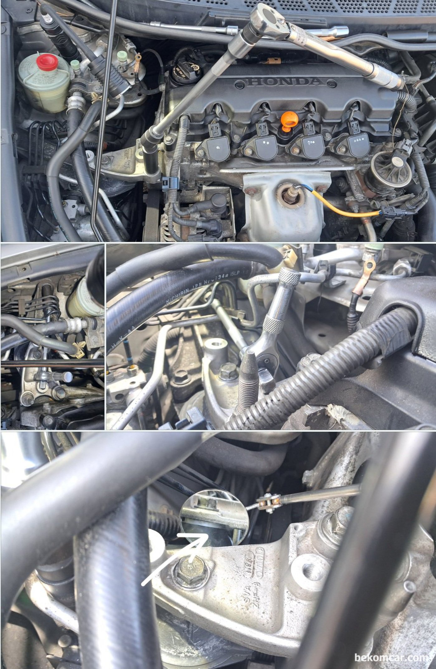 혼다 시빅 8세대 1.8L R18A1 엔진마운트 교환 기록이다. 엔진마운트 브라켓에 동그한 다울핀 위치와 밸런서 위치는 주의 해야한다.|베콤카 차량정밀진단