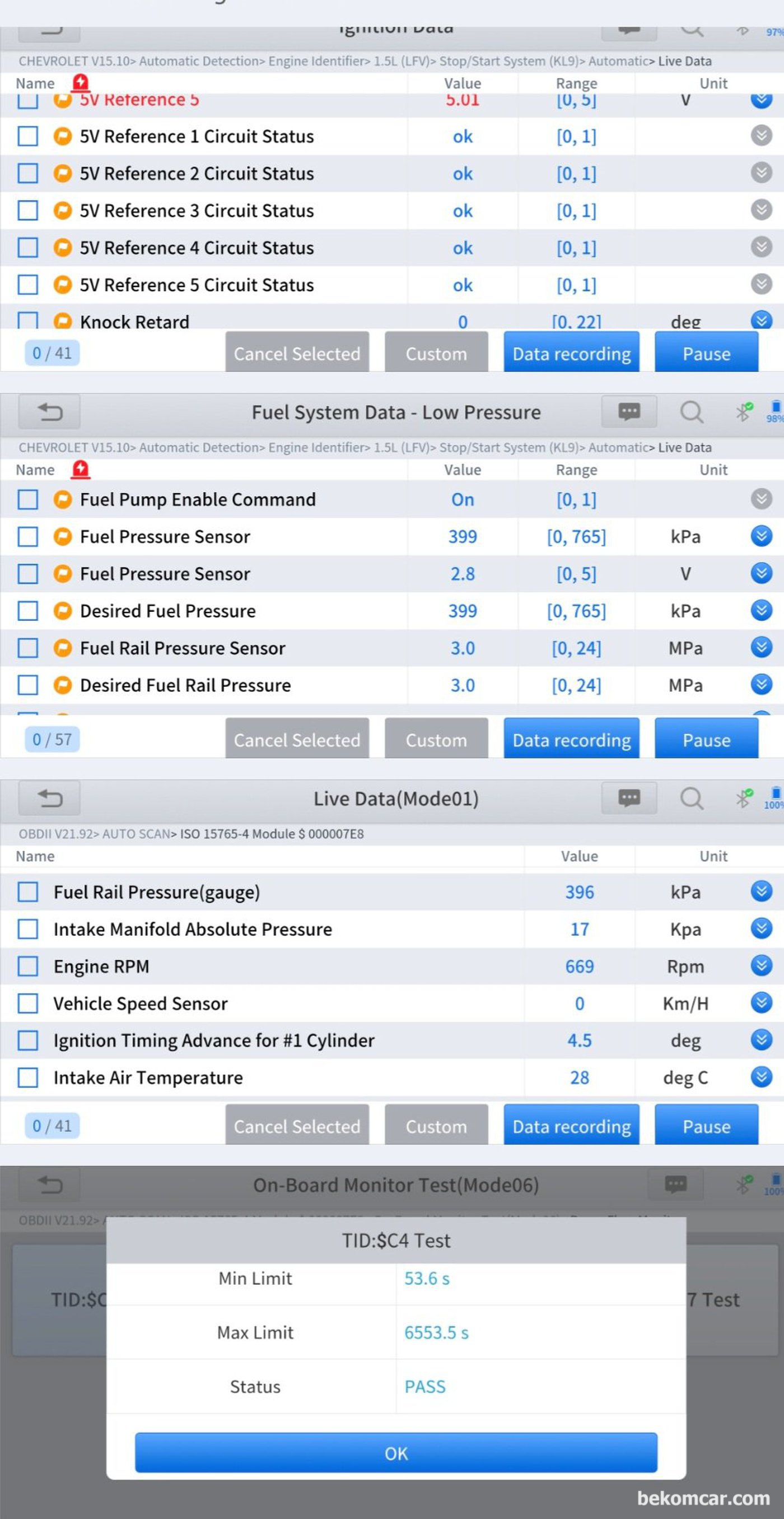 쉐보레 올 뉴 말리부 1.5T 에코텍 엔진, 약 14만키로 주행. 냉간시 순간 실화증상 분석과정 기록. 진단기상 주요데이터 분석결과 일부를 제외하고 특이사항은 없다.|ベコムカー (bekomcar)