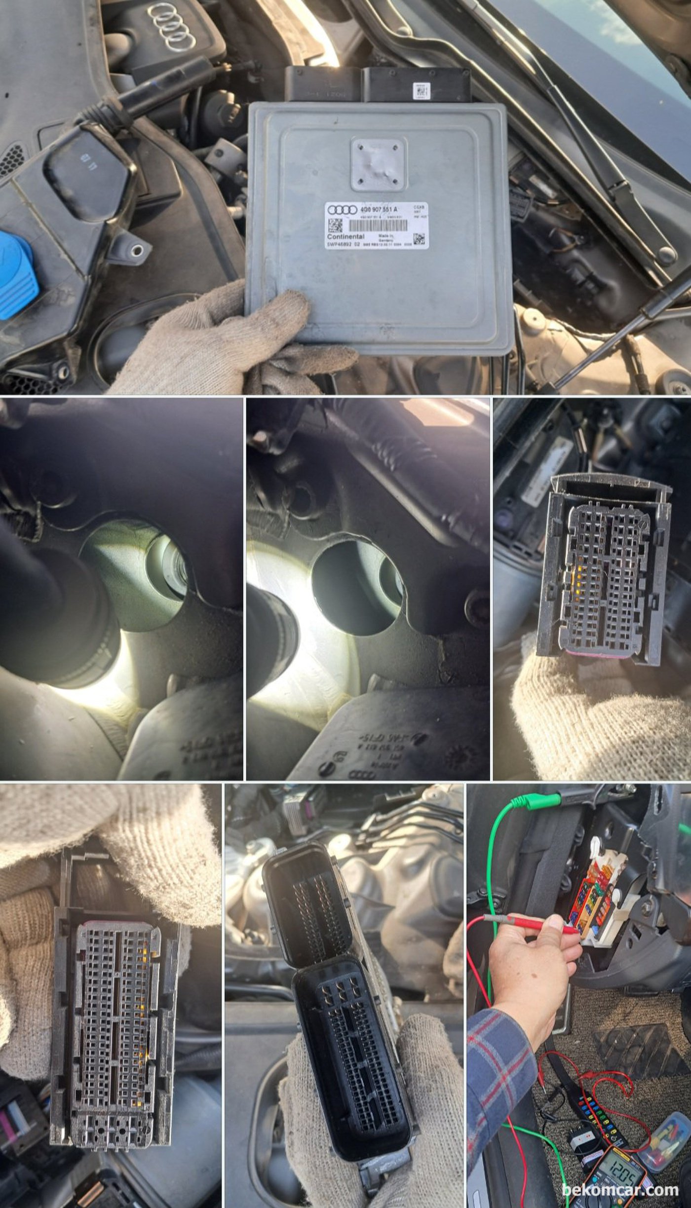 아우디 A7 콰트로 V6 3.0L TFSI CGXB 엔진 에 8단 자동미션 차량. 커울커버 ECM 와셔액 주입
통 탈거후 암 수 연결부분 호스를 점검한다. 암 수 와셕액 호스가 타이트하게 끼어있지 않고 헐러덩 한 상태이다. 와셔액 누수로 흔적도 육안으로 확인된다. 코넥터등 부식 점검을 해 볼 이유가 된다.|bekomcar.com