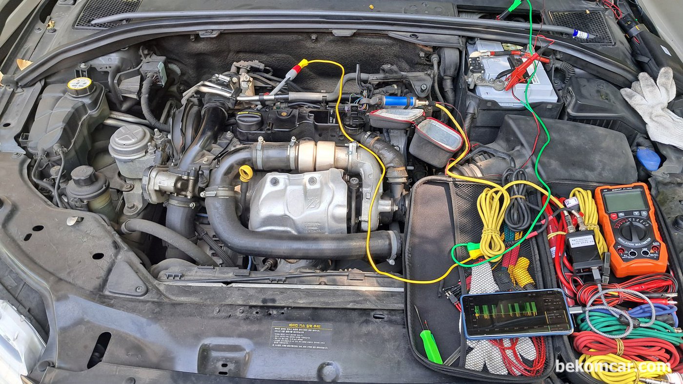 배기펄스 파형측정 사진은 아쉽게도 없다. 배기펄스 파형은 ROTKEE PDS 피에조 펄스 센서이다. 볼보 S80 P3 D2 1.6디젤 P126300 3번 인젝터 고장 관련 실화 점검 과정중 배기펄스 파형분석 이다.|bekomcar.com