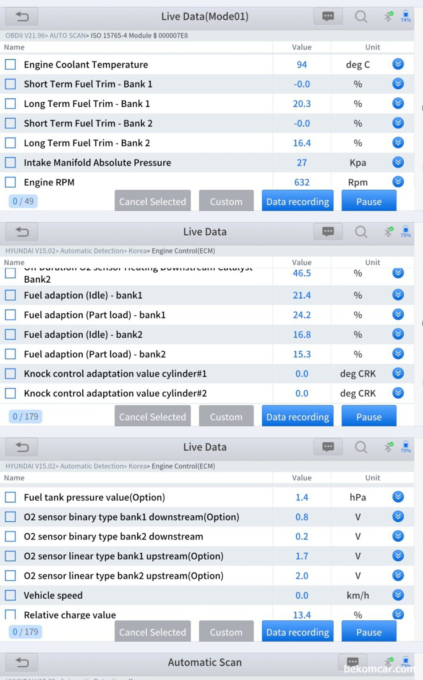 현대 G80 DH 2019년 3.3L GDI 약 30만키로 주행. 산소센서 및 연료보정값 진단기 측정값이다.|贝科姆汽车 (bekomcar)