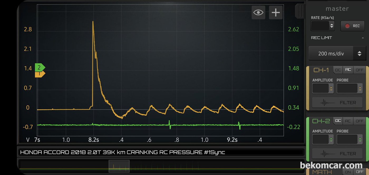 시동전 상태, 시동모터 솔레노이드 작동 및 실제 시동모터 작동 상태를 알 수 있는 파형이다. 시동모터상태는 정상으로 진단된다.|베콤카 차량정밀진단
