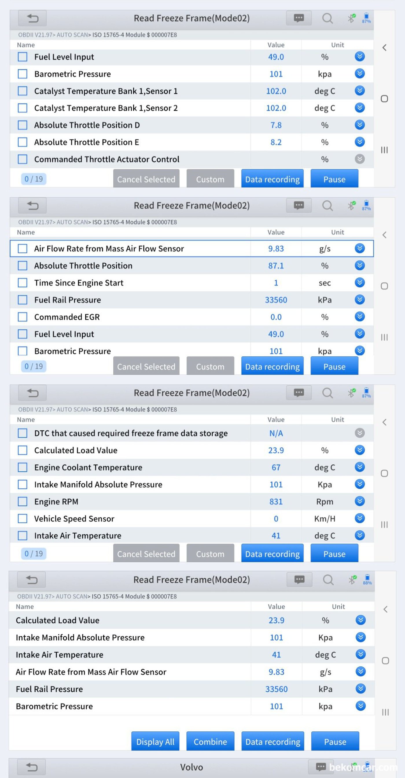 볼보 2015년 S80 P3 D2 차량 3번 실화고장코드 진단과정,  고장코드 발생당시 상황정보 (Freeze Frame Data) 분석한다. 테스팅 환경은 가능한 프리즈프레임 데이터 기준으로 하는것이 권장된다.|bekomcar.com