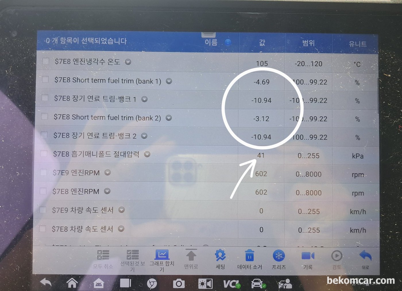 아이들시 MAP 압력값 높은 편임, 밸브 오버랩으로 인한 증상으로 판단됨. 연료보정값 등도 농후쪽으로 기울어져 있음.|베콤카 차량정밀진단