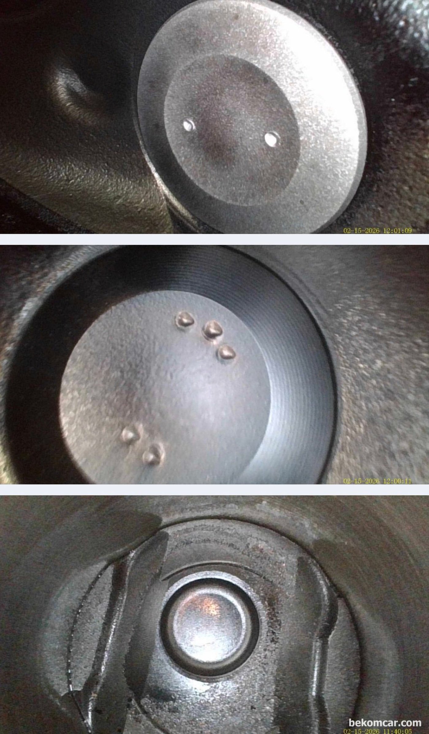 쉐비 말리부 1.5T Ecotec 엔진 내시경 검사, 밸브 표면의 자국이 상당히 특이하다. 다른 실린더의 밸브 헤드 표면은 이렇지 않다. 뭔가에 툭 맞은듯 하다.|bekomcar.com