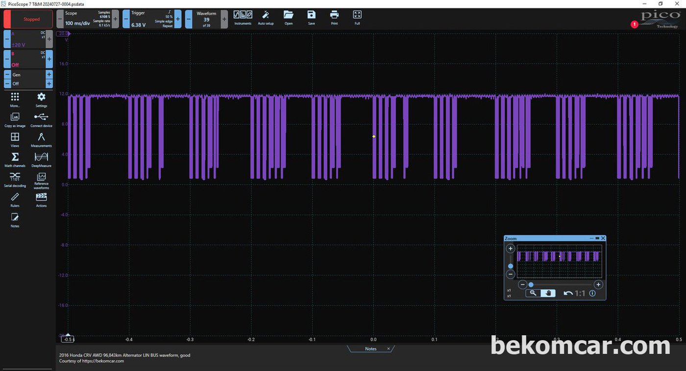 혼다 CRV 4.5세대 알더네이터 LIN BUS 데이터 통신 파형으로 정상적인 파형이다. 12V스퀘어 형태이다. 대부분 차량의 알터네이터 는 LIN BUS 에 의해 제어된다.|贝科姆汽车 (bekomcar)