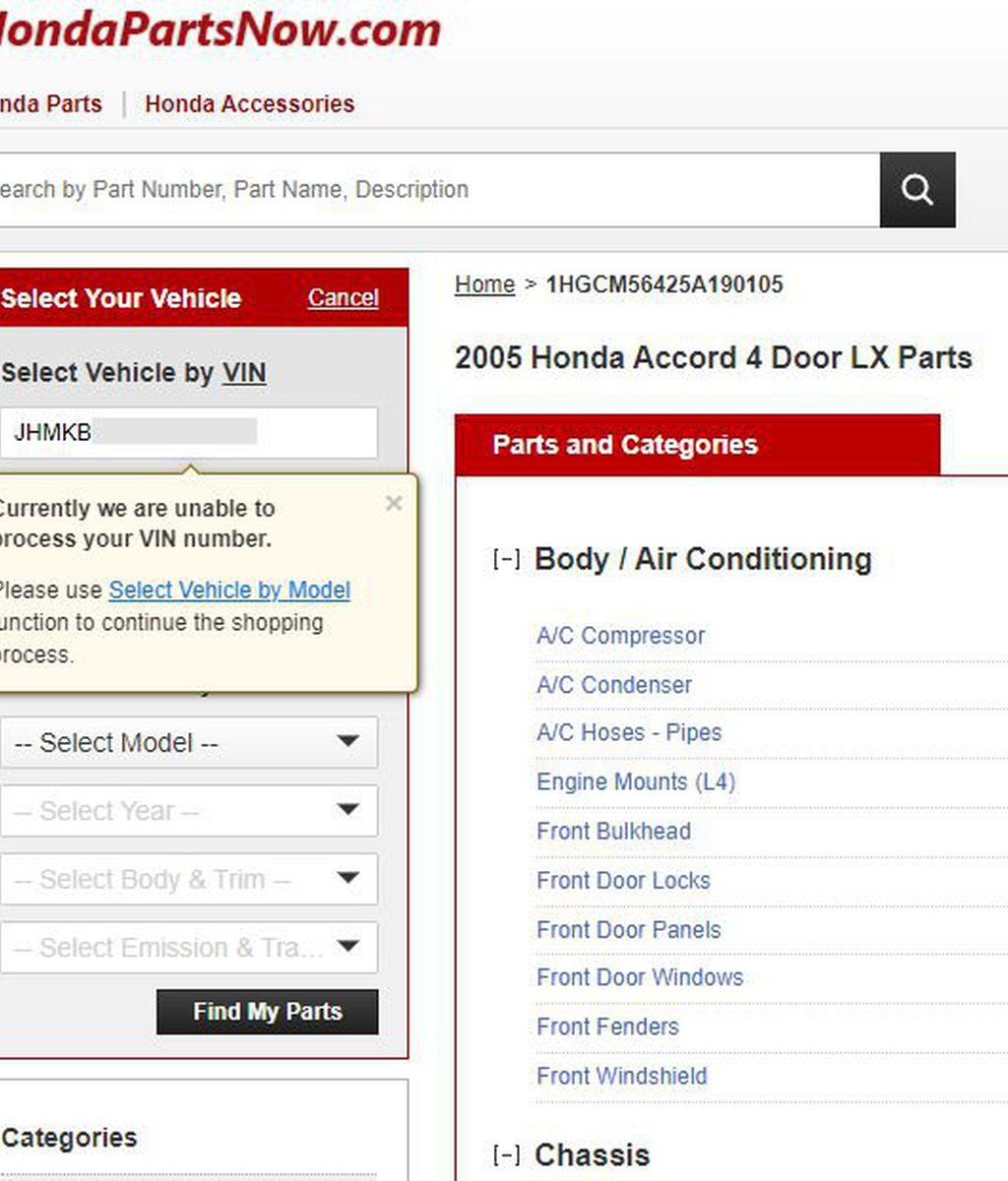hondapartsnow.com 에서 차대번호로 조회하면 'Currently we are unable to process your VIN number' 라고 뜨는데 왜 그럴까요?|베콤카 중고차구매진단