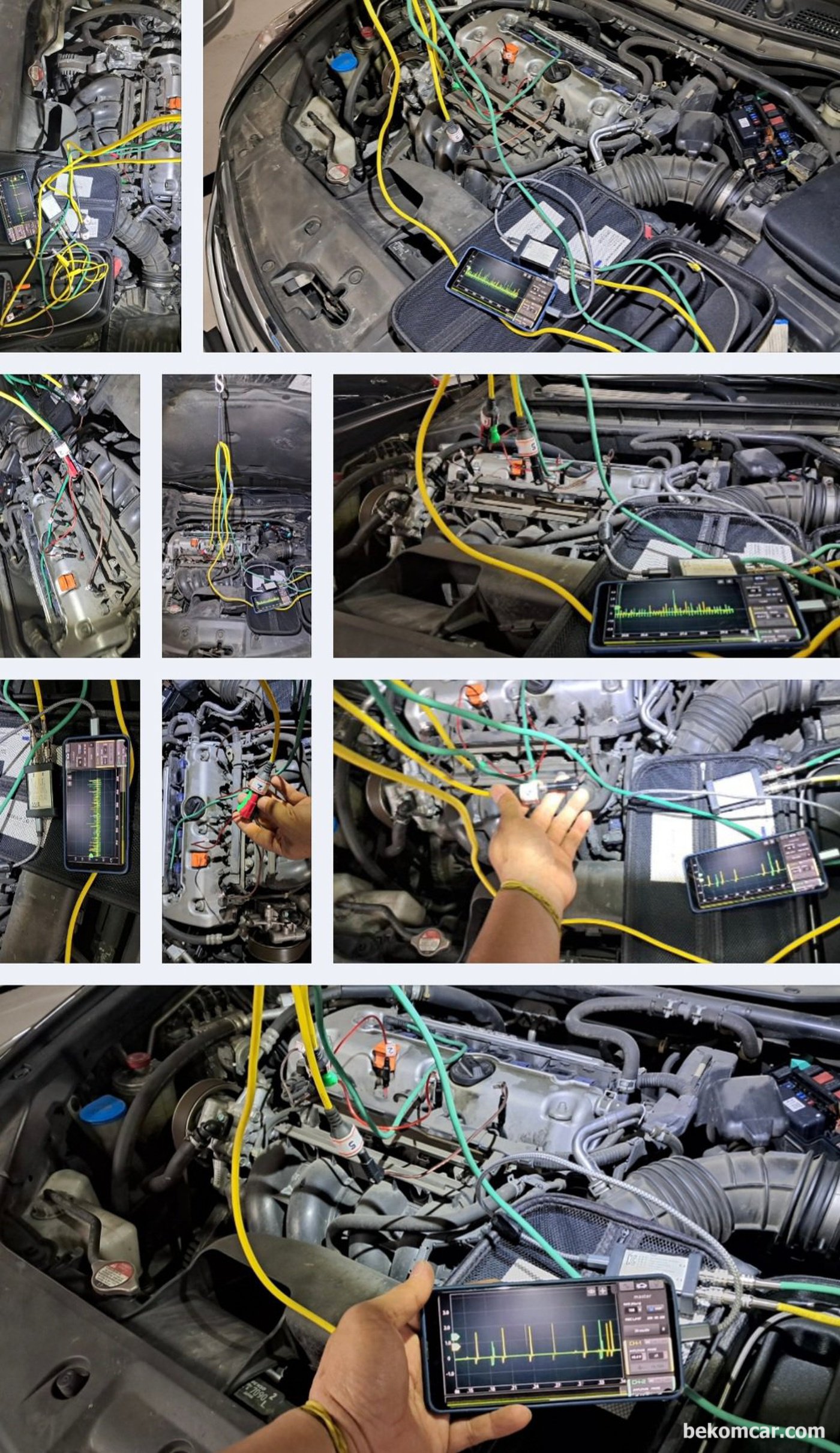 혼다 어코드 8세대 2.4L 중고차 검수과정 요약기록,  오실로스코프 정밀진단 과정. 실화, 인젝터, 실린더, 피스톤, 밸브, 흡기 & 배기, 점화코일, 점화플러그, 인젝터 등 엔진상태를 알 수 있는 항목을 스코프 파형으로 0.001초 그리고 0.000.001초 단위까지 전기신호를 분석하여 각 측정항목 상태를 진단한다. 다행히 측정 항목이 다 좋다.|베콤카 차량정밀진단