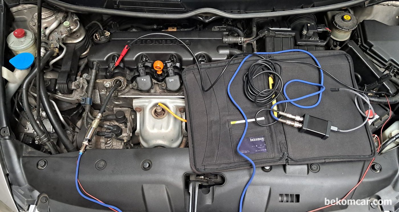 혼다 시빅 2008년 1.8L 약 188,000km 주행했다. 실린더압축압력센서 파형 측정을 위한 세팅이다. 1번 과 2번 실린더에서 측정하였다.|베콤카 차량정밀진단