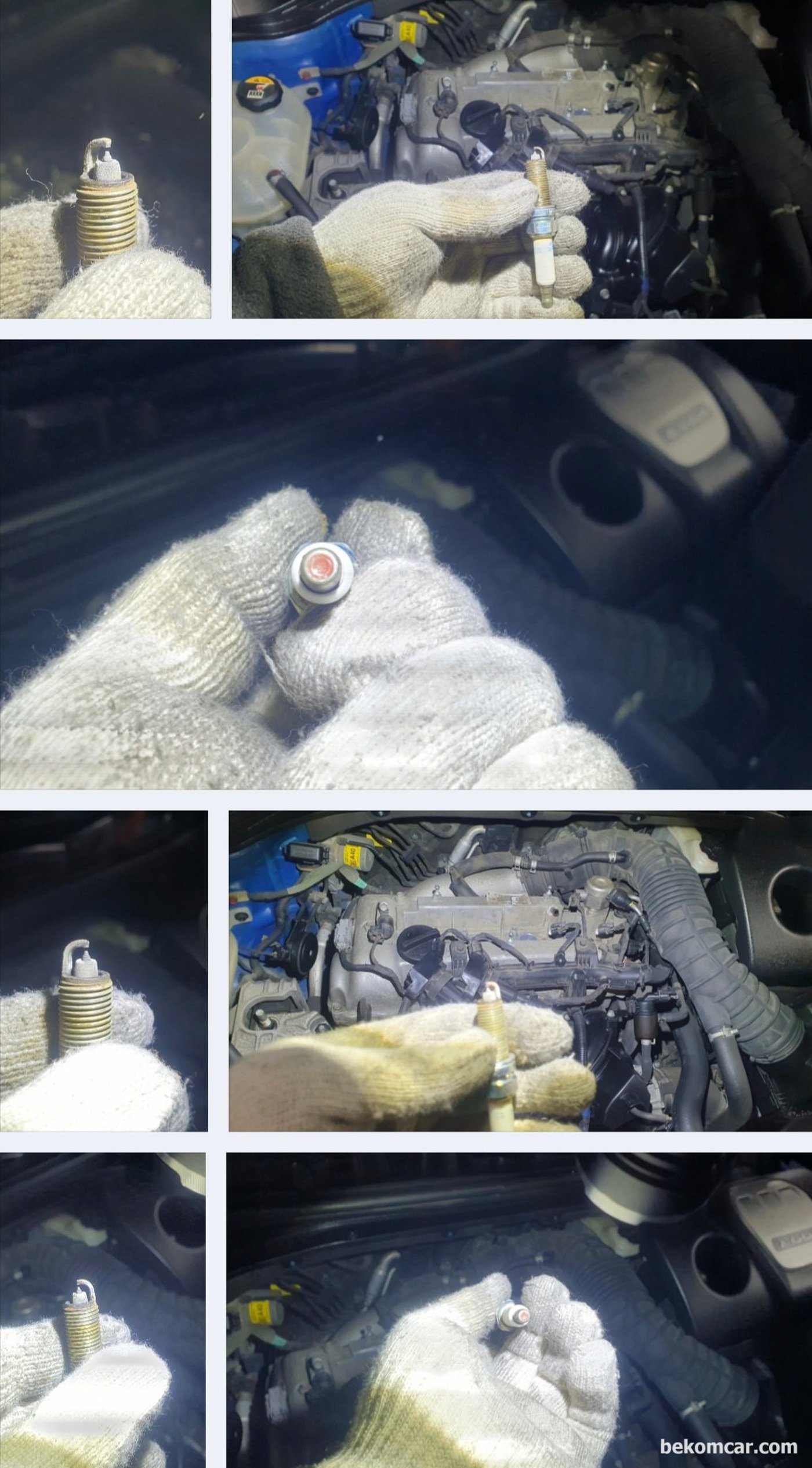 수원중고자동차 매매단지 SK V1에서 현대자동차 아반테 AD 2017년 1.6L GDI 엔진 중고차구매 점검 기록. 실린더 1번부터 4번까지 내시경 검사와 점화코일 점화플러그 등을 점검한다. 출고시 점화플러그 로 추정되는 점화플러그 이다.|贝科姆汽车 (bekomcar)