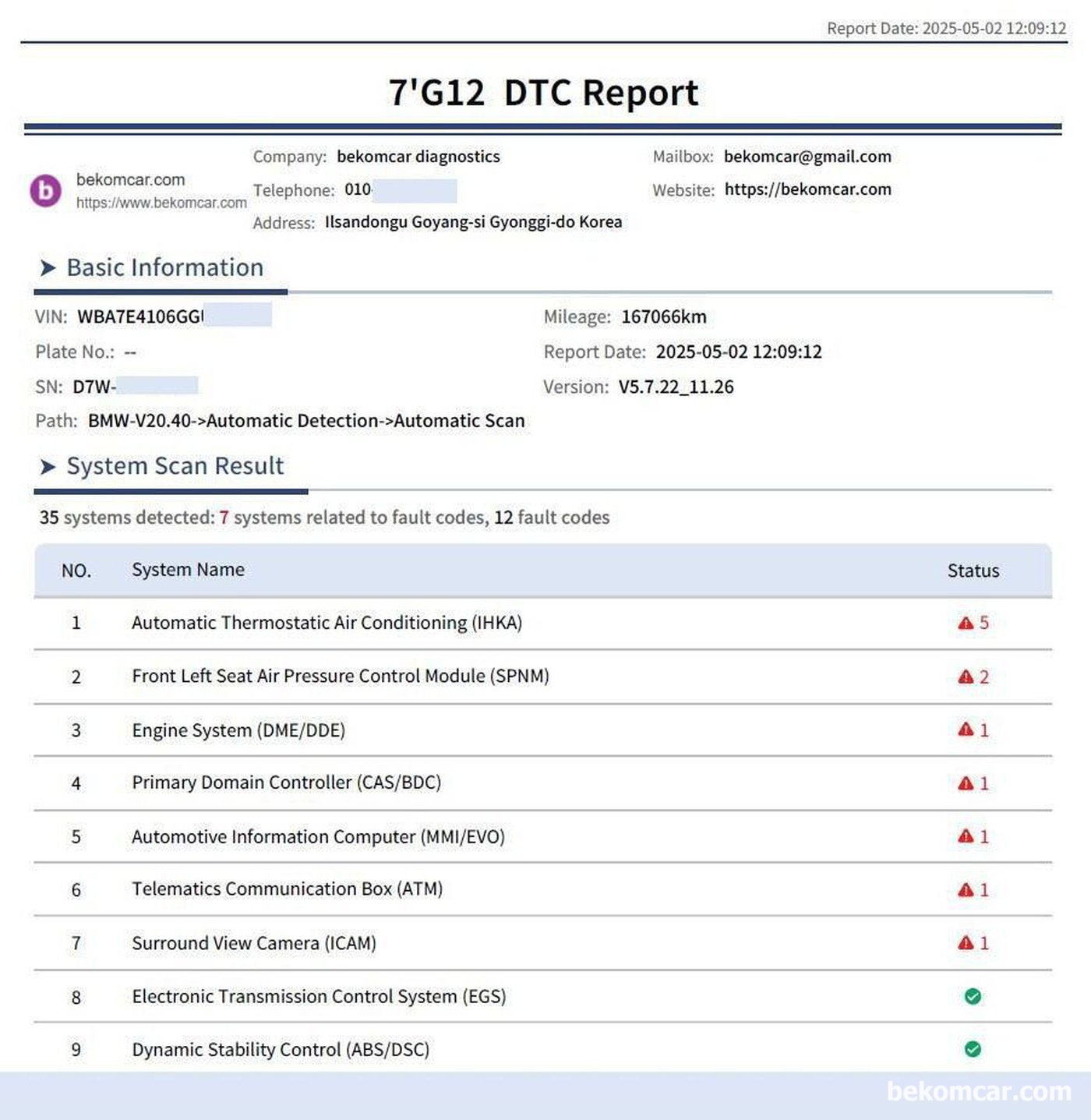 차량 전체 전장 시스템 고장코드 등 진단은 모든 중고차 판매 구매 전 필 수 점검 사항이다. 고장이 없어도 고장코드 가 있는 경우가 있다. 그래서 고장 코드 확인 후 고장 코드를 삭제 해주는 것이 좋다. 차량 상태를 있는 그대로 잘 알려 주는것도 중고차 거래에 중요한 요소이다. 그래야 서로 오해가 없기 때문이다|베콤카 차량정밀진단