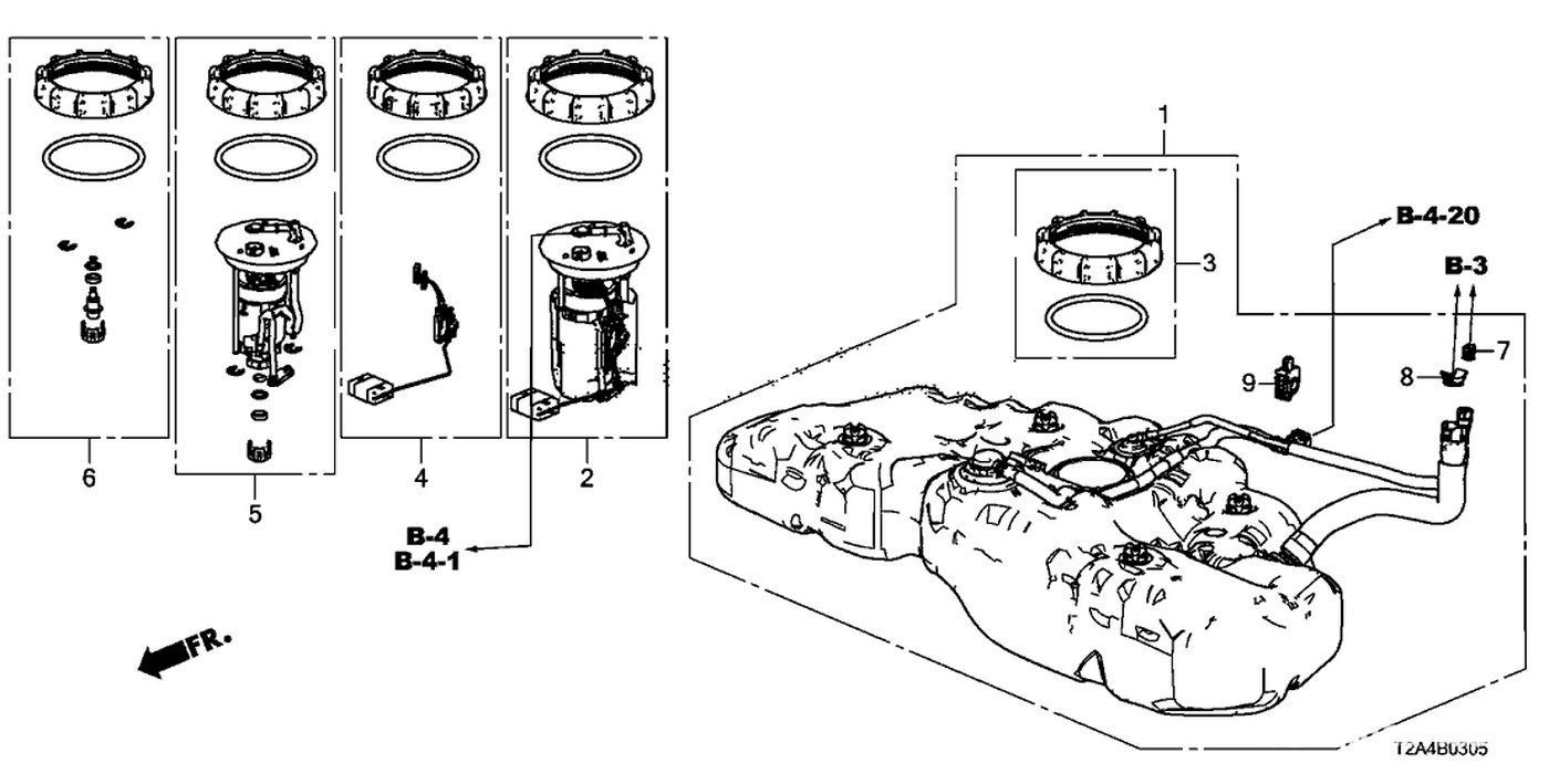 #2, 17045-T2A-A01 Module Set, Fuel Pump (연료펌프 어셈블리)
#4, 17047-T2A-A00 Set, Meter Complete (센더유닛)
#5, 17048-T2A-A00 Set, Fuel Strainer (연료필터)
#6, 17052-T0C-000 Regulator Set, Pressure (레귤레이터)|贝科姆汽车 (bekomcar)