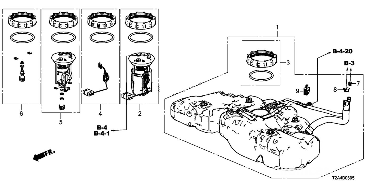 #2, 17045-T2A-A01 Module Set, Fuel Pump (연료펌프 어셈블리)
#4, 17047-T2A-A00 Set, Meter Complete (센더유닛)
#5, 17048-T2A-A00 Set, Fuel Strainer (연료필터)
#6, 17052-T0C-000 Regulator Set, Pressure (레귤레이터)|ベコムカー (bekomcar)
