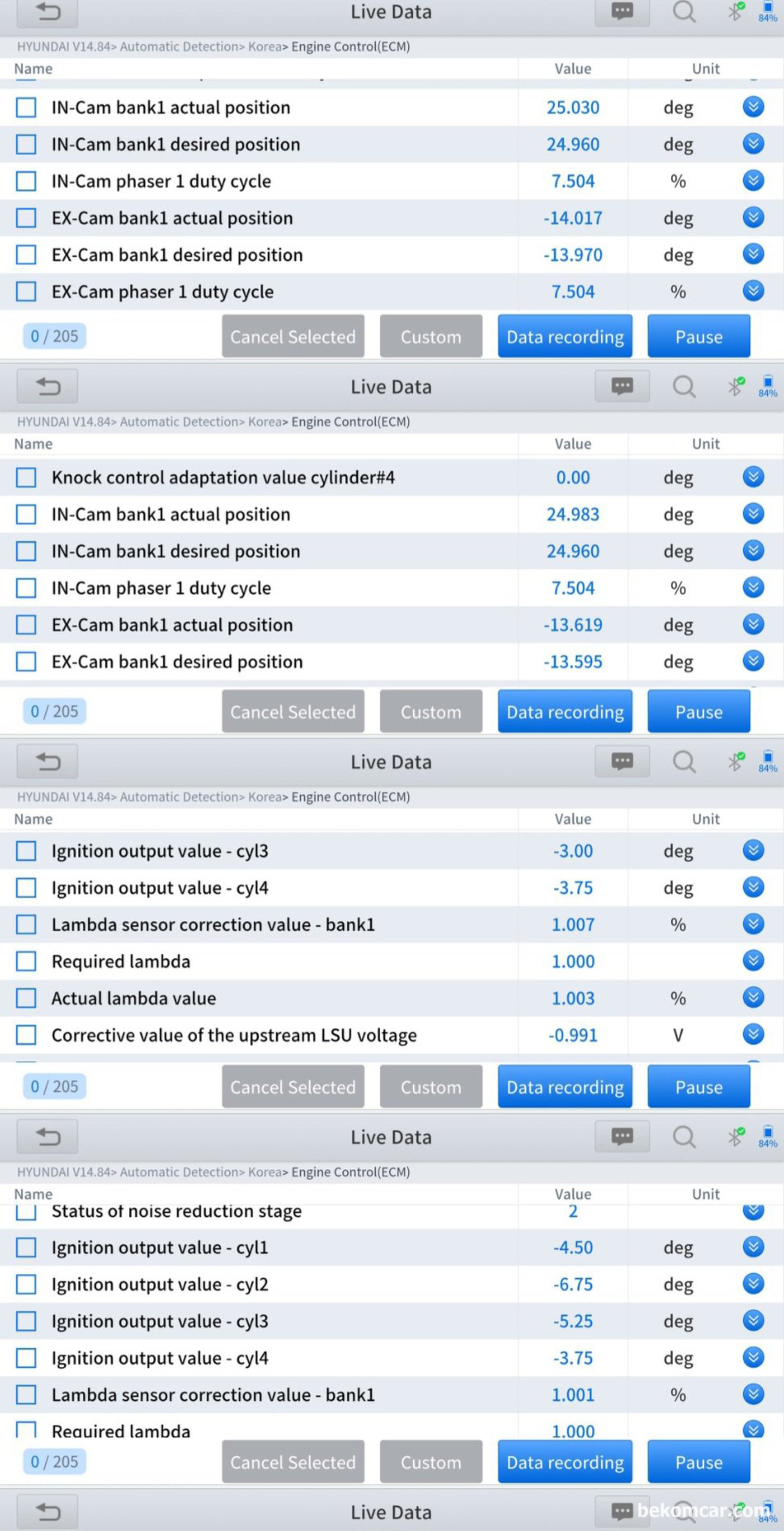 수원중고자동차 매매단지 SK V1에서 현대자동차 아반테 AD 2017년 1.6L GDI 엔진 중고차구매 점검 기록. 기술적이지만, 엔진 흡기 & 배기 캠새프트 ECM이 원하는 위치와 실제 위치 확인, 원하는 람다값 및 실제 람다값, 4개 실린더의 점화시점등 엔진상태 정밀진단 결과 상태가 모두 특이사항 없게 측정된다.|贝科姆汽车 (bekomcar)