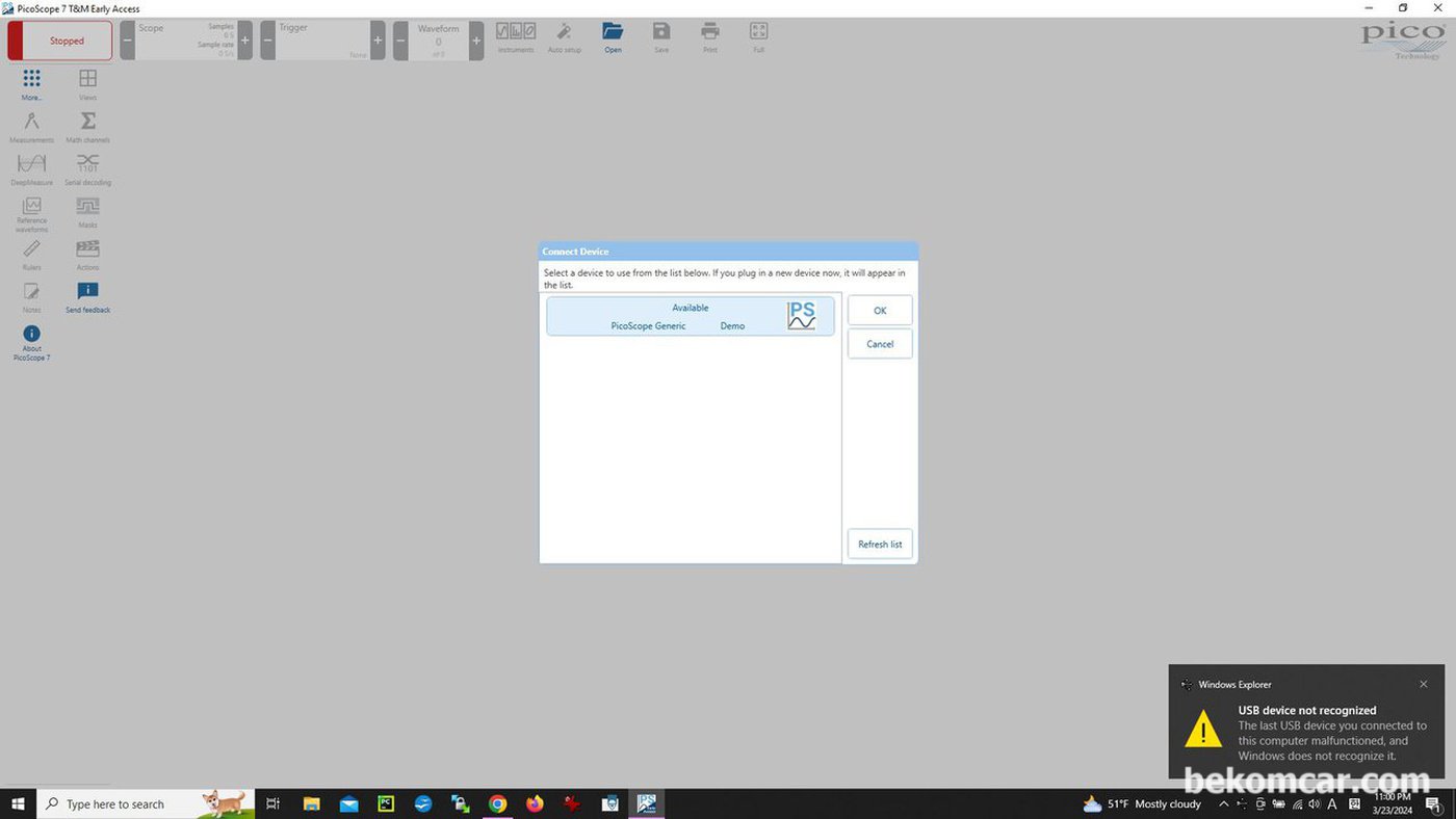 USB Device Not Recognized Error screenshot, Windows10|베콤카 차량정밀진단
