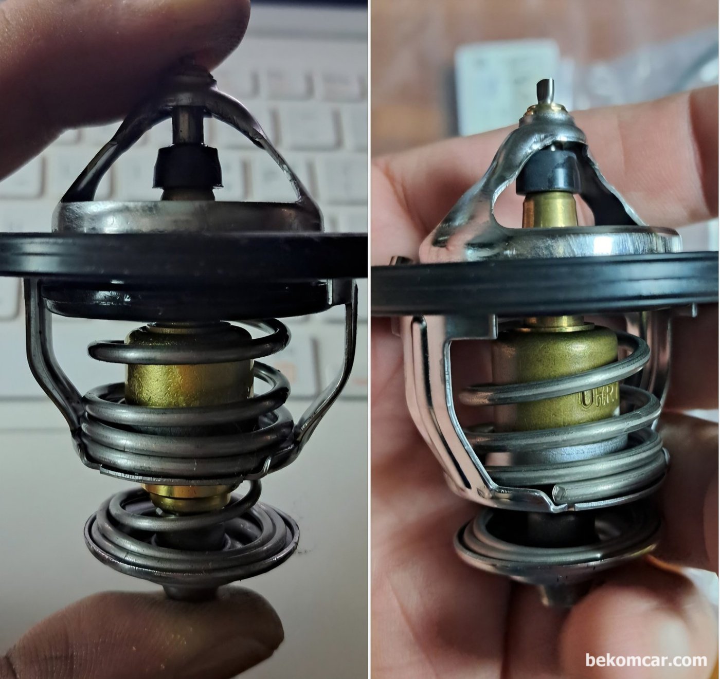 현대자동차 NF쏘나타 2.0L DOHC 2005년 기존 써모스텟 과 모비스 순정 써모스테 비교사진이다. 열림고착 써모스테과 정상인 써모스텟이 육안으로 큰 차이가 있다.|bekomcar.com