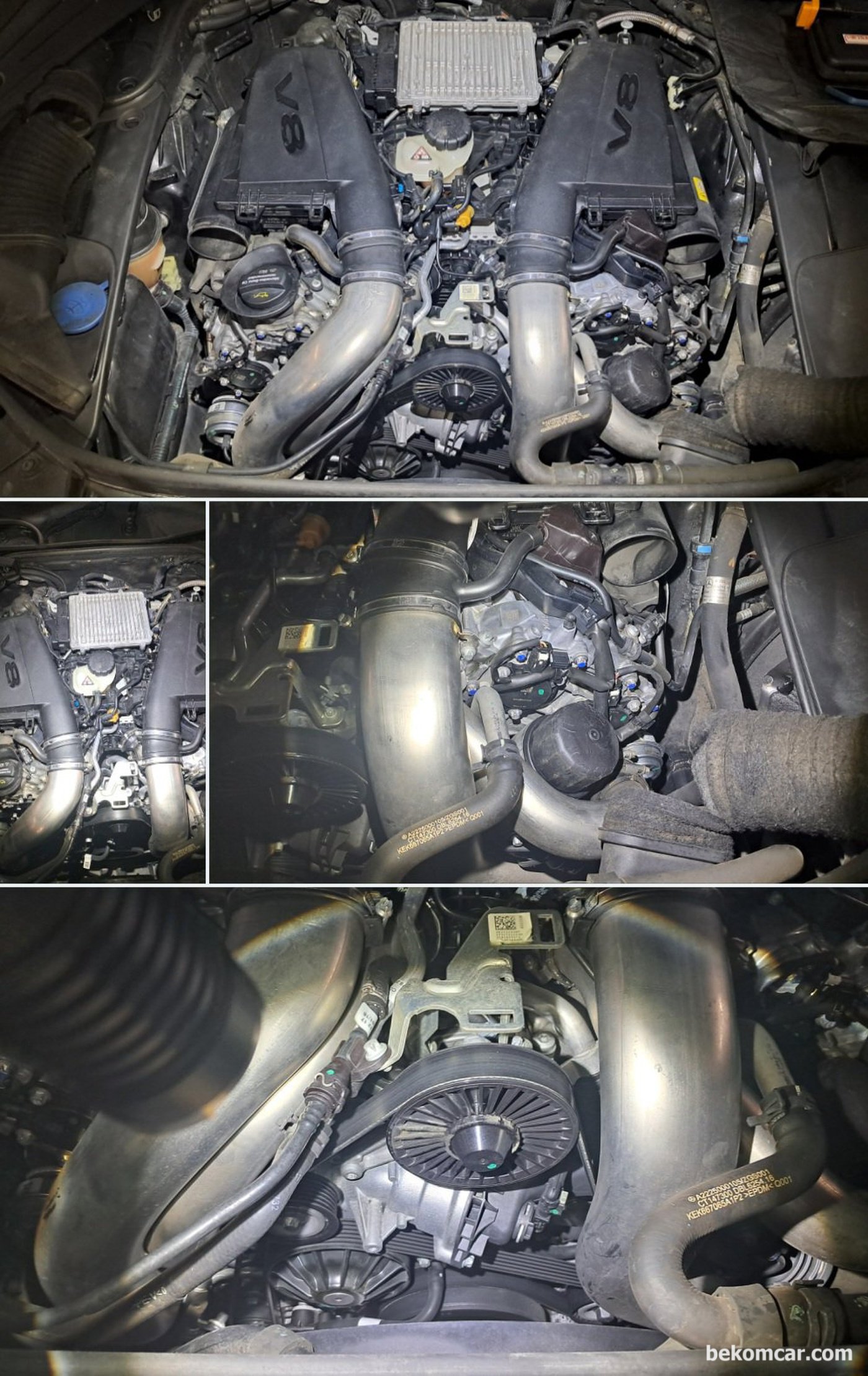 벤츠 W22 S500 M278엔진 육안점검 이다. 누유 누수등이 발견되지 않는다. 그리고 누유부분 부품들이 교환되어 있다. S500 중고차 구매점검 매매단지는 강서구에 있는 서서울모터리움 이다.|베콤카 차량정밀진단