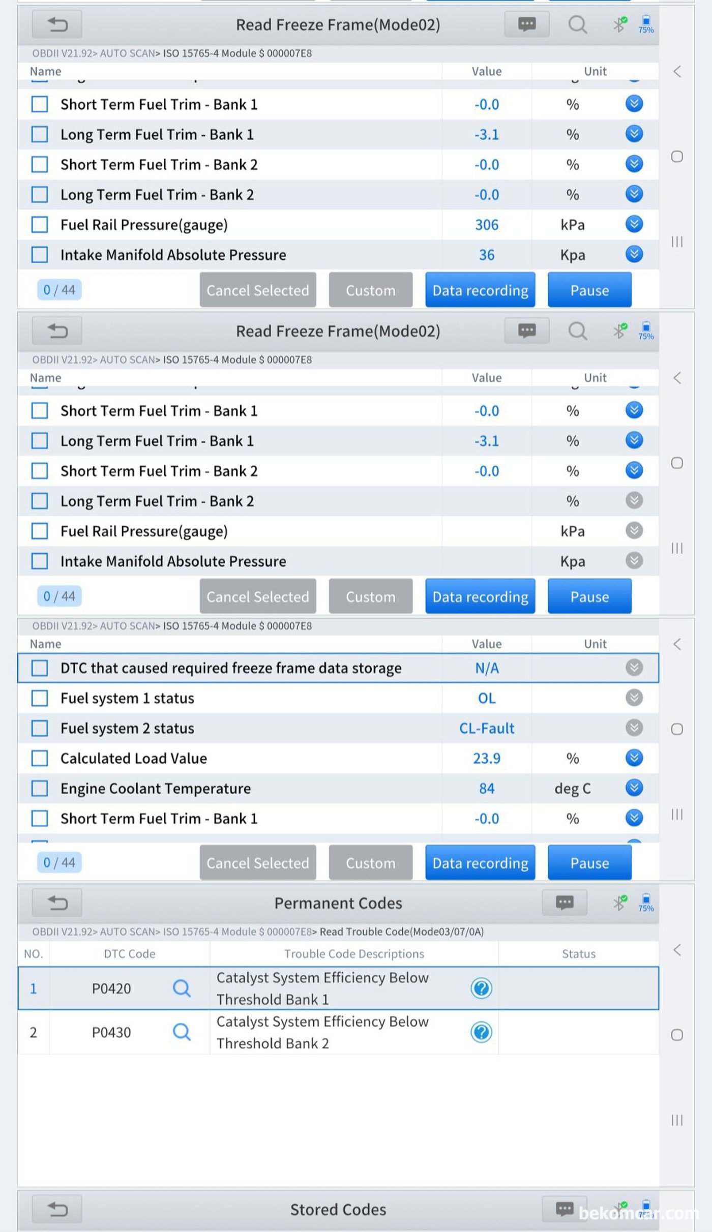 GM대우 2013년 알페온3.0L 촉매효율저하 P0420 P0430 기본진단 기록. 고장코드 재 확인후 프리즈프레임 데이터 분석을 한다. 고장코드 P0420 P0430 고장코드 발생당시 엔진상태 이해에 매우 중요하다.|بيكومكار (bekomcar)
