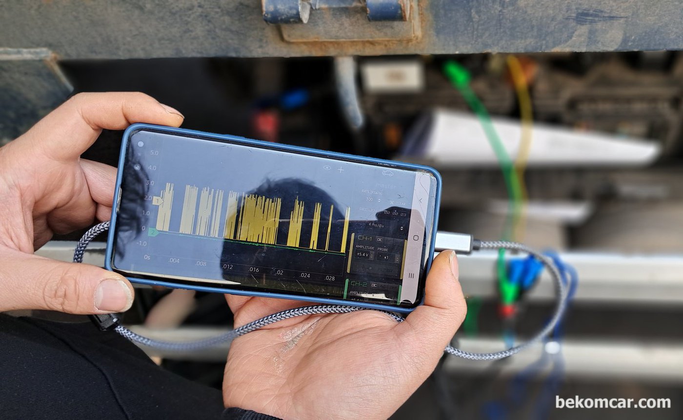 HS512Max 이용, 현대자동차 파비스 사용차량 C-CAN 통신 진단과정 이다. 고장이 있는것 은 아니었고, 정상인 차량에서 교육 과정으로 CAN- Low 접지 단선이 될경우의 파형을 시뮬레이션 하는 과정이다.|贝科姆汽车 (bekomcar)