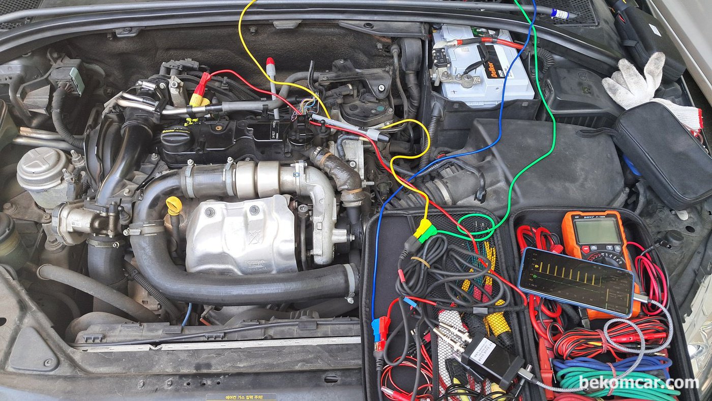 볼보 S80 P3 D2 1.6디젤 P126300 3번 인젝터 고장 관련 실화 점검 과정이다. 아쉽게도 실제 인젝터 진동센서 측정환경은 사진으로 남기지 못했다.  HS512Max 스코프 와 ROTKEE VS 인젝터 진동센서를 사용했다.|贝科姆汽车 (bekomcar)