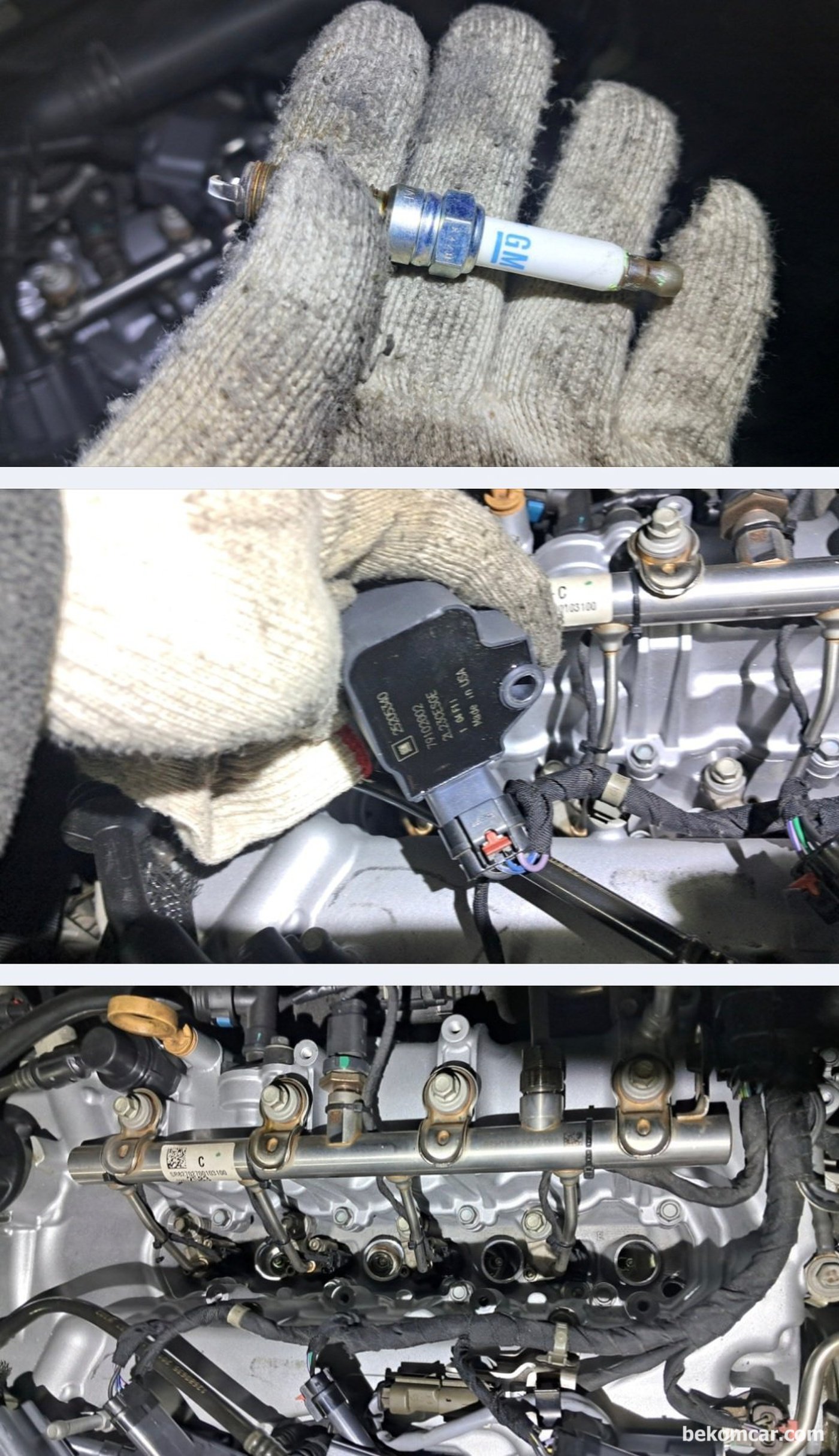 쉐보레 올 뉴 말리부 1.5T 에코텍 엔진, 약 14만키로 주행. 냉간시 실화증상 원인 진단이다. 엔진룸 기본점검 과정중 점화코일 점화플러그 시스템을 점검하고 있다.|ベコムカー (bekomcar)