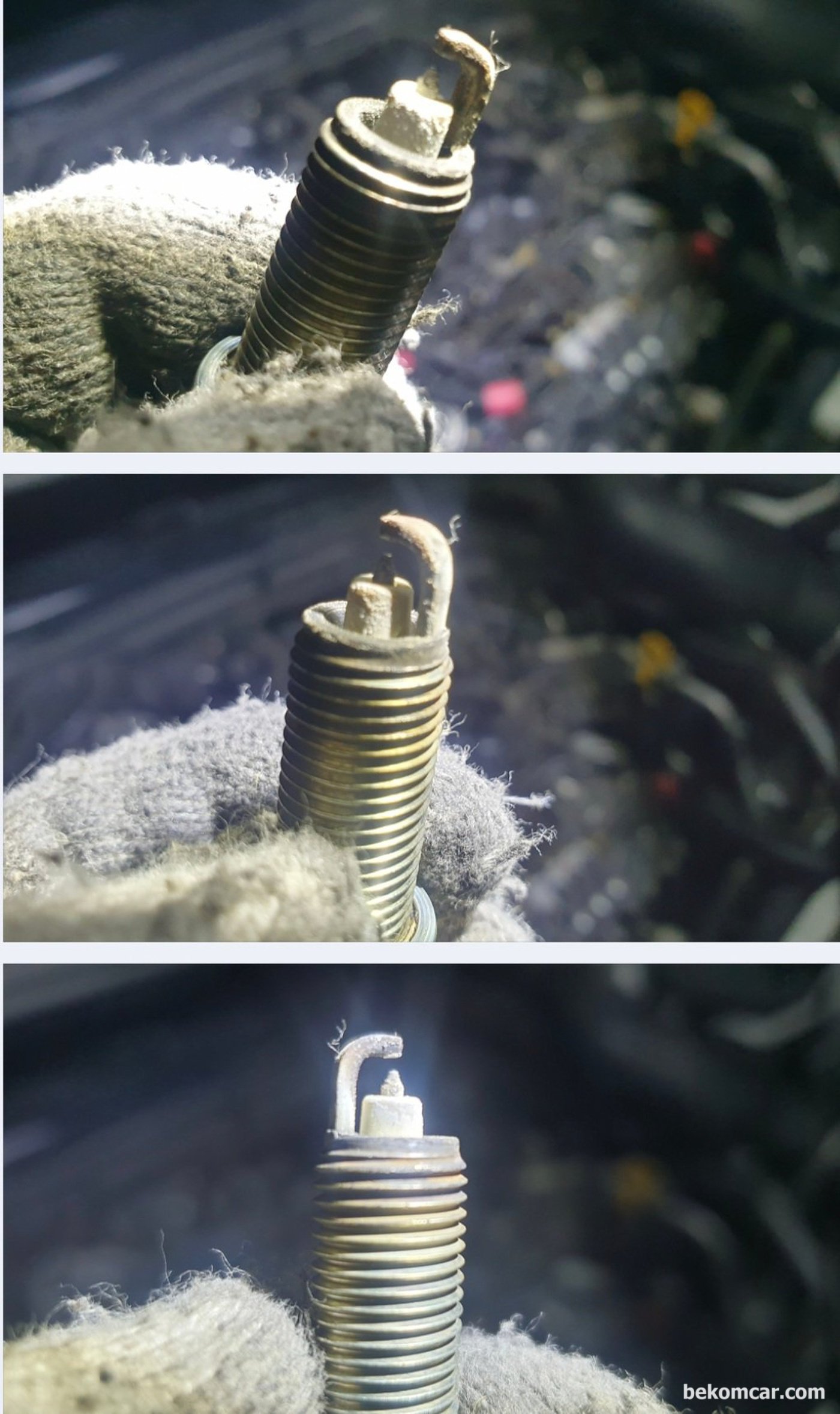 현대자동차 제네시스 2017년 EQ900 3.8L 엔진진단 과정이다. 뱅크1 실린더 점화코일 및 점화플러그 육안점검 결과 특이사항 없다. 엔진오실 소모로 점화플러그 팁 오염 이 심 할 줄 알았는데 막상 점검하니 생각보다 상태가 훨씬 좋다.|베콤카 차량정밀진단