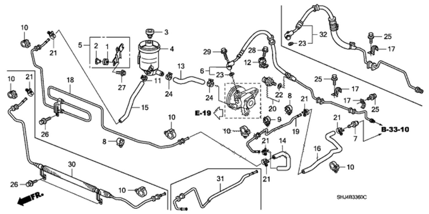 #6. 53713-SHJ-A01. Hose, Power Steering Feed(고압)
#13. 53731-SHJ-A01. Suction Hose (단종되었는지 확인요)
#15. 53733-SHJ-A02. Upper Return Tube
#23. 91370-SV4-000. O-Ring (14.4X1.9) (고압)|bekomcar.com