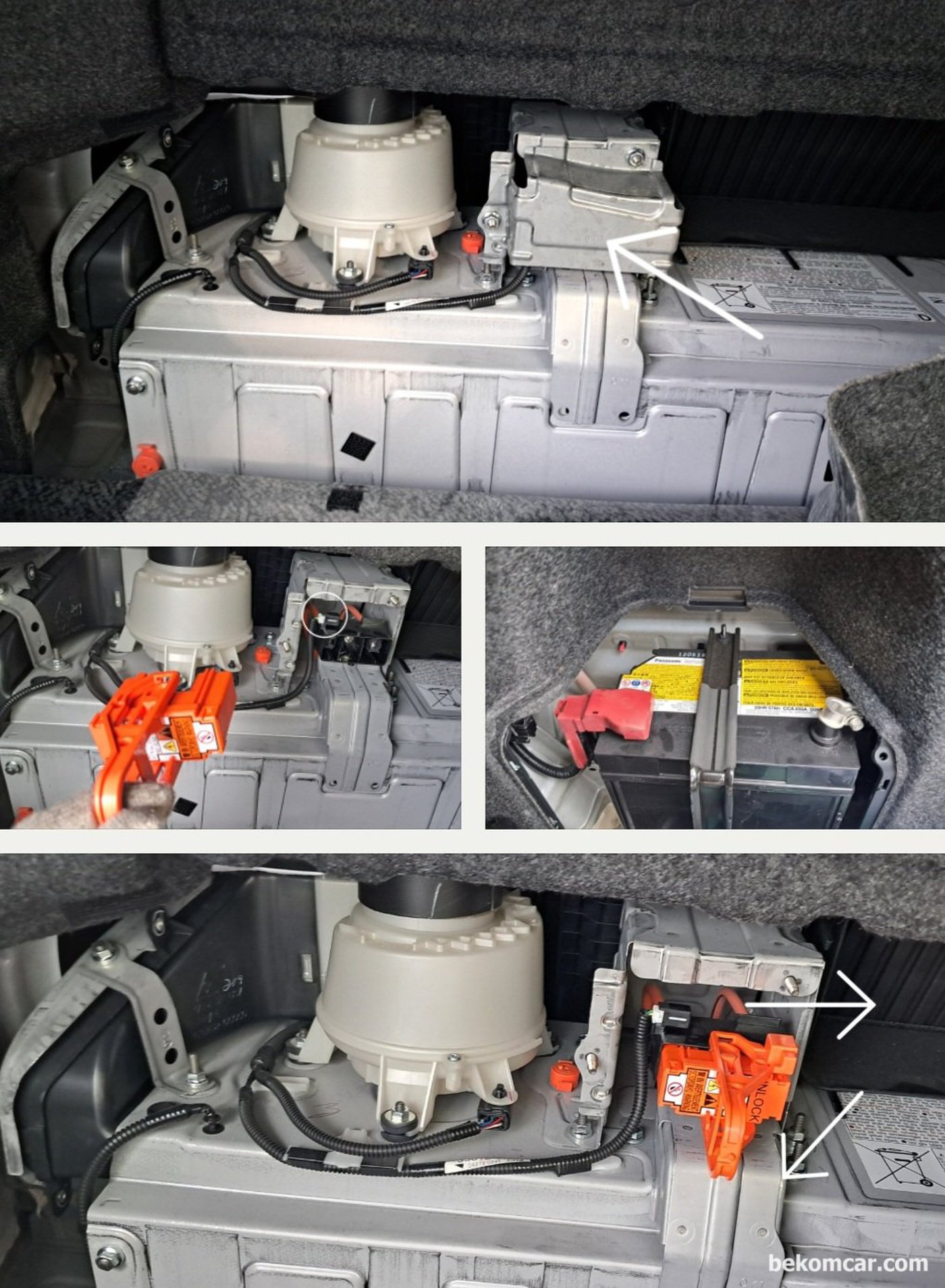 토요타 캠리 하이브리드 2016년 차량의 경우 트럼크에 안전장치 Interlock 이 있다. 먼저 12V배터리 케이블 분리후, 고전압배터리 인터락 안전장치를 탈거후 15~20분후 에 전압이 30V 이하인지 확인후 작업한다.|베콤카, 차량정밀진단
