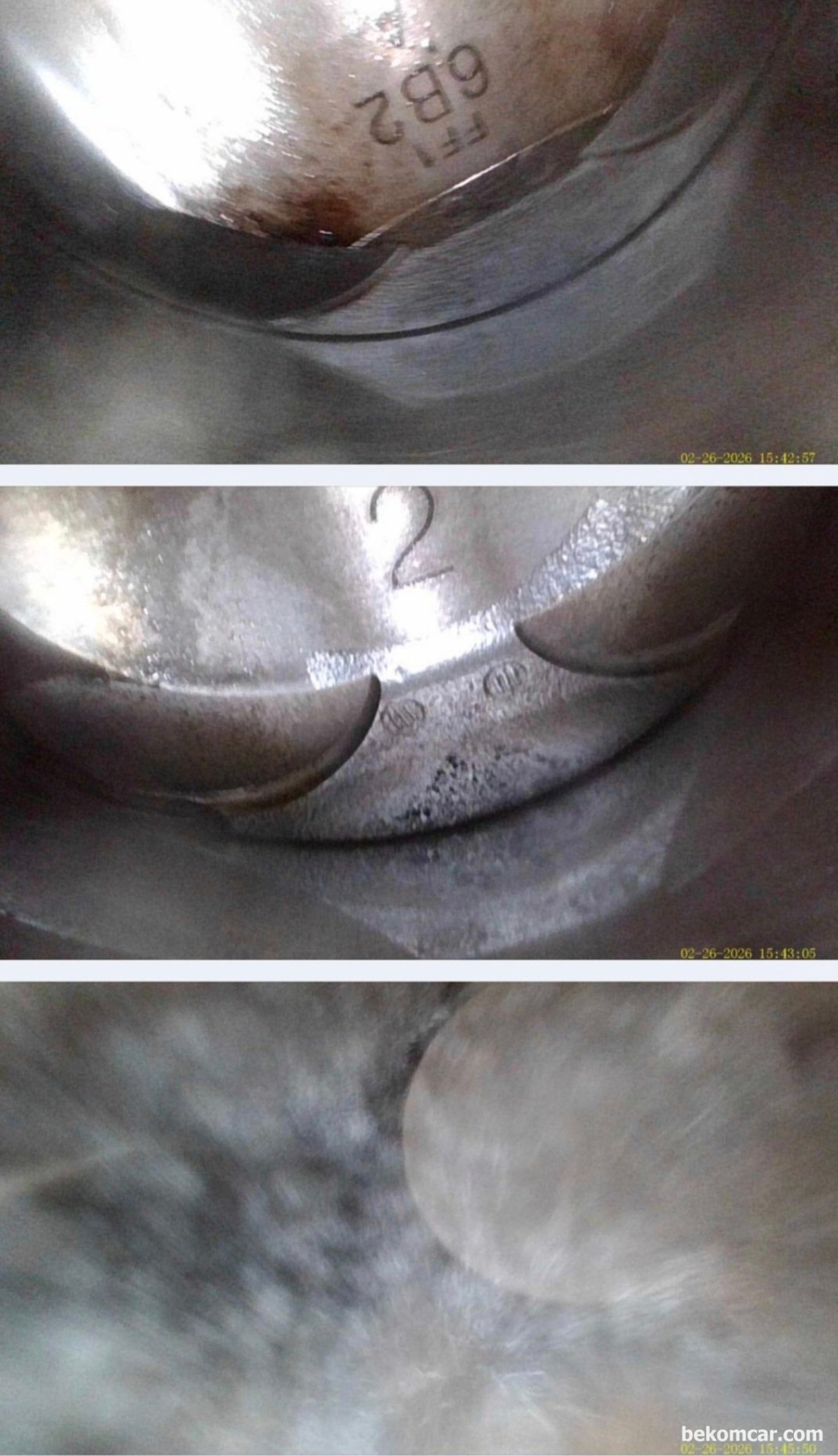 혼다 어코드 10세대 인젝터 분사량 차이를 가져올수 있는 상태가 내시경 검사결과 확인된다. 특히 4번 실린더 인젝터 리크가 심해서 마치 눈 보라치는 상황 (3번째 사진)이 내시경에 확인된다. 그리고 전체적으로 실린더, 밸브, 피스톤 등 부분에서 카본이 상당히 적은 편이다. 어느정도 고온 스팀 청소효과도 있는듯 하다.|bekomcar.com