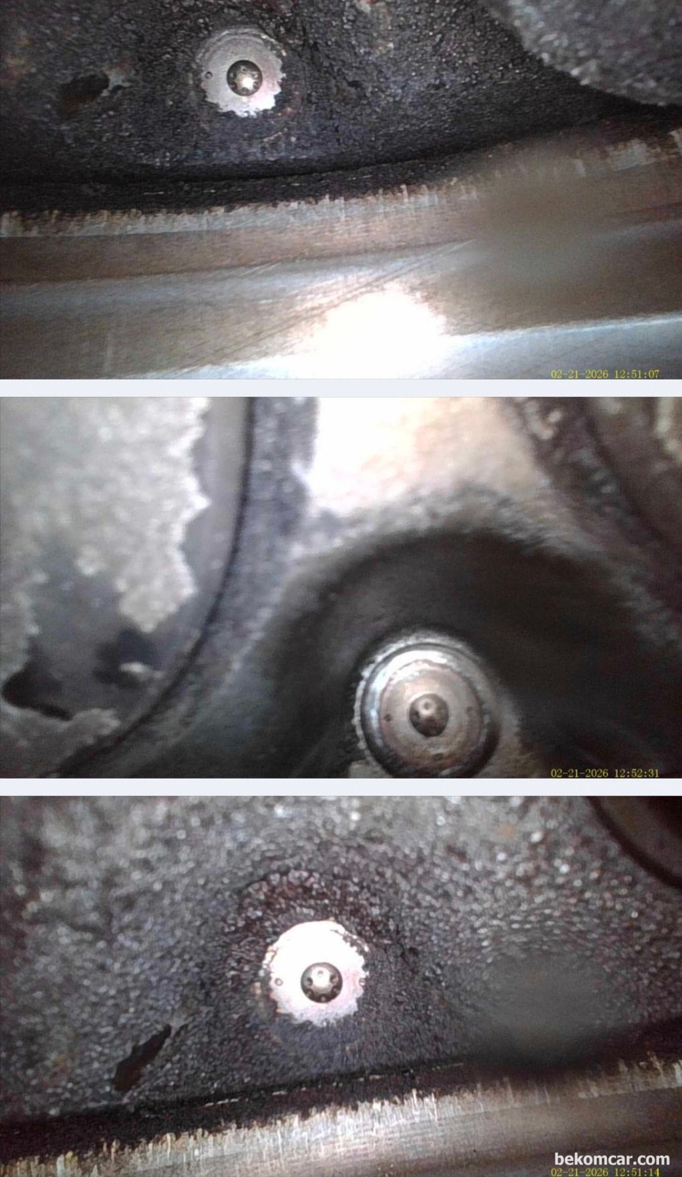 제네시스 EQ900 2017년 람다2 3.8L GDI 엔진 인젝터 분사량 및 막힘정도 진단과정이다. 실린더 내시경으로 피스톤 상태, 실린더 스크래치 및 밸브 와 인젝터 분사노즐 부분 카본 막힘등을 육안점검한다. 다행히 인젝터 분사 노즐 팁 부분에 카본이 없다. 인젝터 분사량 차이점 파형과 일치한다.|bekomcar.com