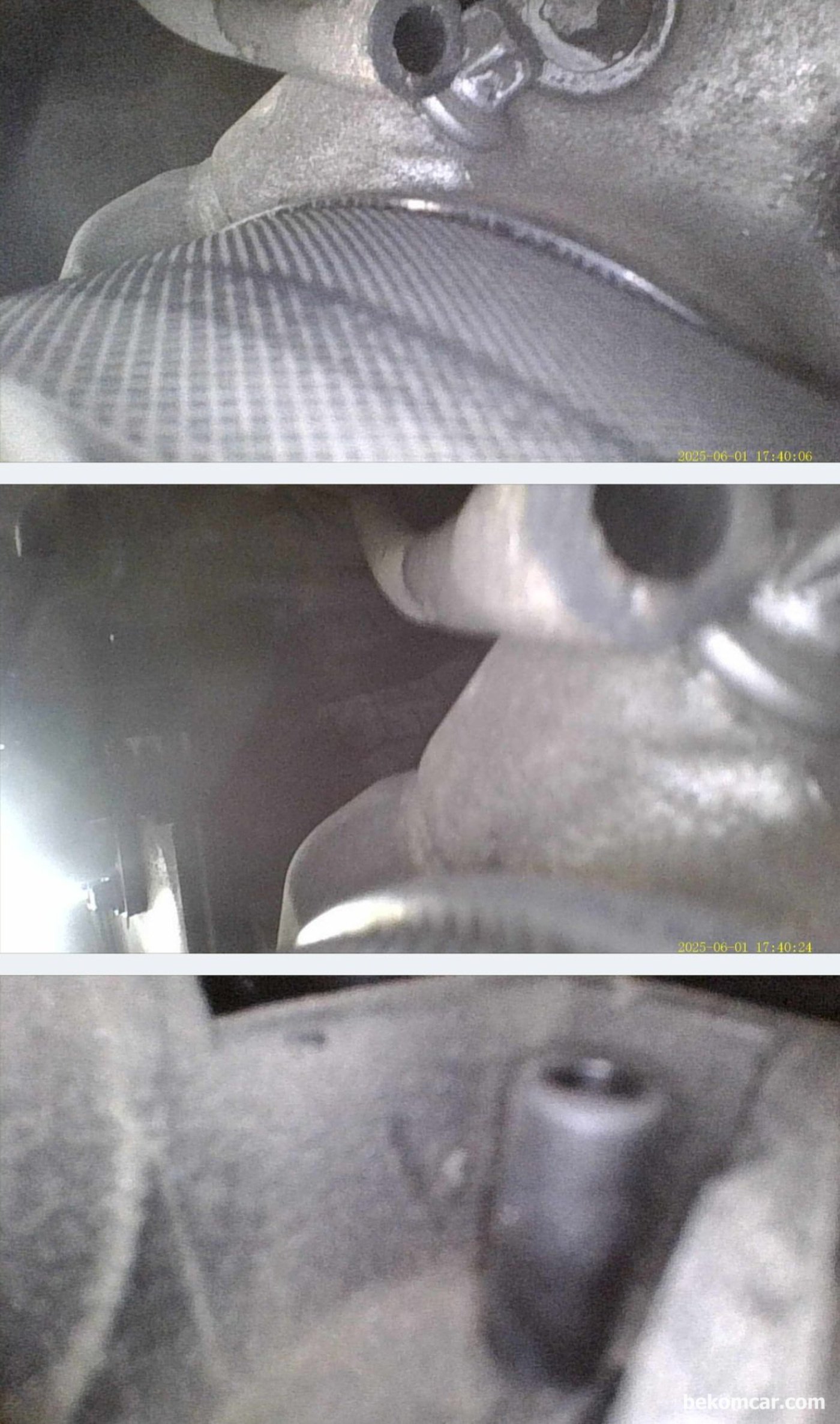 혼합물 부분 부하범위 농후, 벤츠 E200K 201C-01 P0172 진단.정비사례로 진공호스에 크랙이 있어 덜렁 덜렁 되어있는 상태이다. 진공호스 니플이 내시경 카메라에 포착된다.|베콤카 차량정밀진단