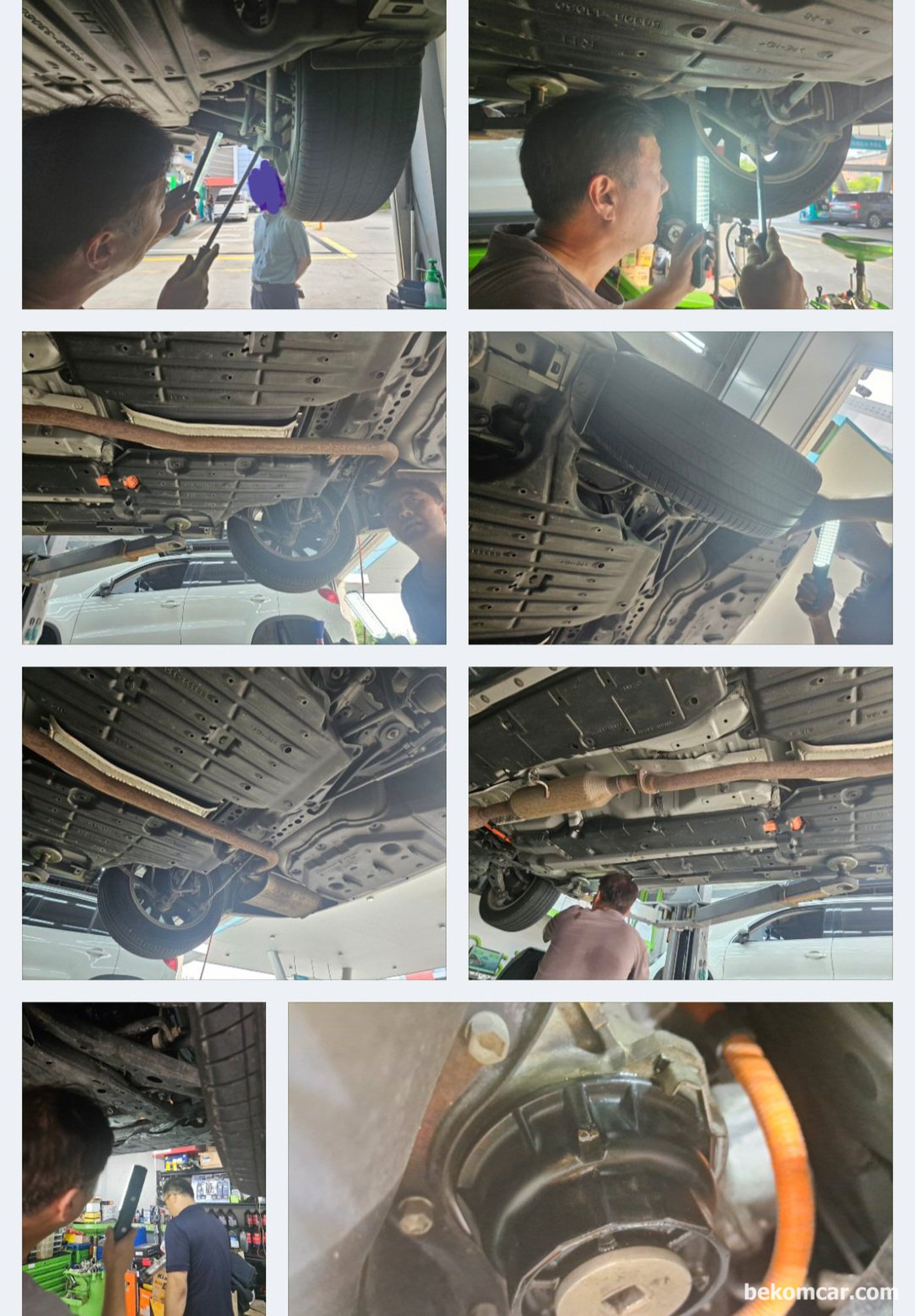 베콤카 중고차구매 및 중고차판매 지원 정밀 점검 과정 기록이다. 리프트에 올려서 하체점검 한다. 누수 누유 사고흔적등 점검한다.|بيكومكار (bekomcar)