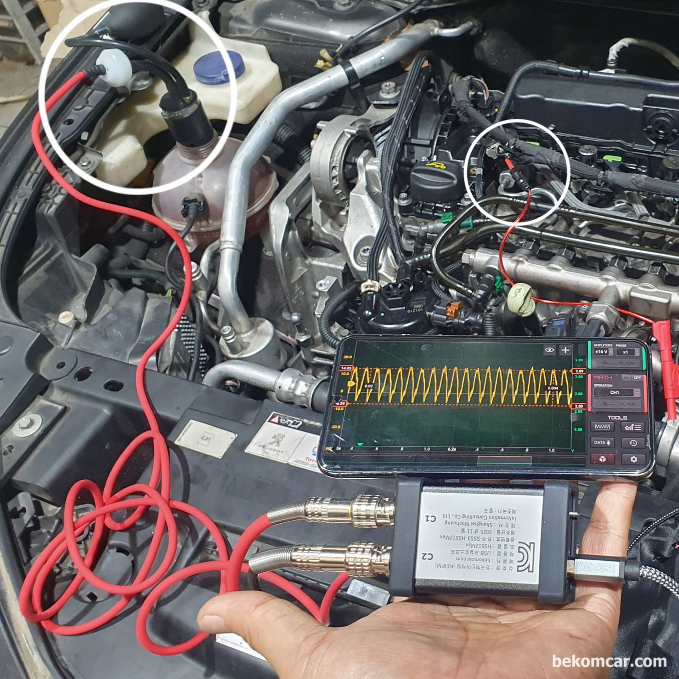 헤드가스켓 누설 및 피스톤링 누설등 측정한다. 정상이다. 베콤카 워크샵 실전 실습차량은 아이들시에만 심한 부조가 있는 2019 508 2.0BlueHDI 이다.|ベコムカー (bekomcar)