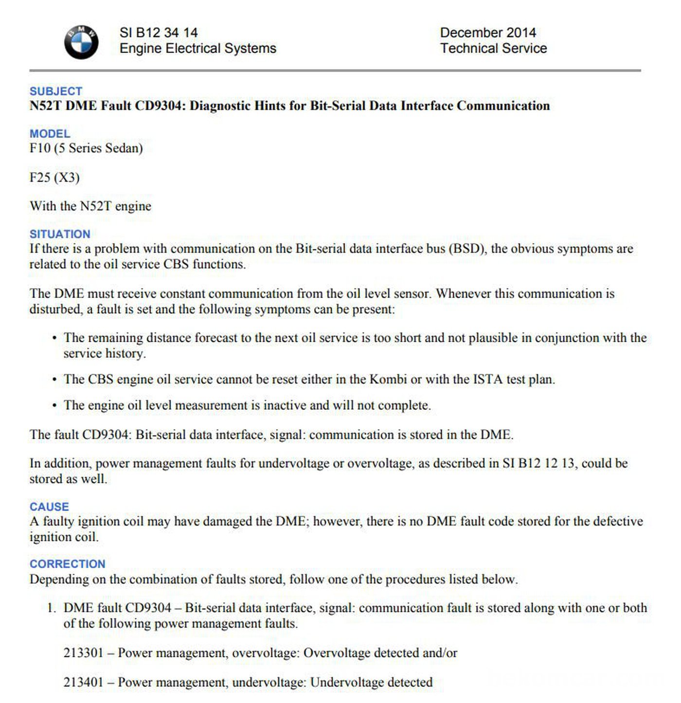 BMW CD9304 BSD (Bit-Serial Data) 인터페이스 통신 고장코드 발생시에 참고할 BMW TSB문서이다.  Courtesy of ©2014 BMW of North America, Inc.|بيكومكار  (bekomcar)