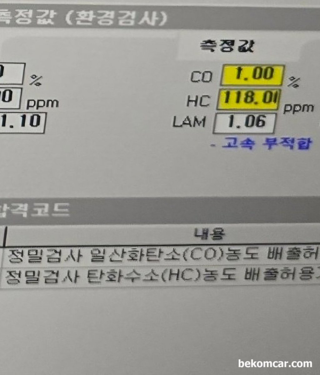 자동차 종합검사 결과 배기가스 관련 불합격 했어요. CO가 1.0%이고 HC는 118ppm 으로 2가지가 검사에 통과하지 못했어요. 고장코드는 P0172 & C1870 입니다. 원인이 뭘까요?|베콤카 중고차구매진단