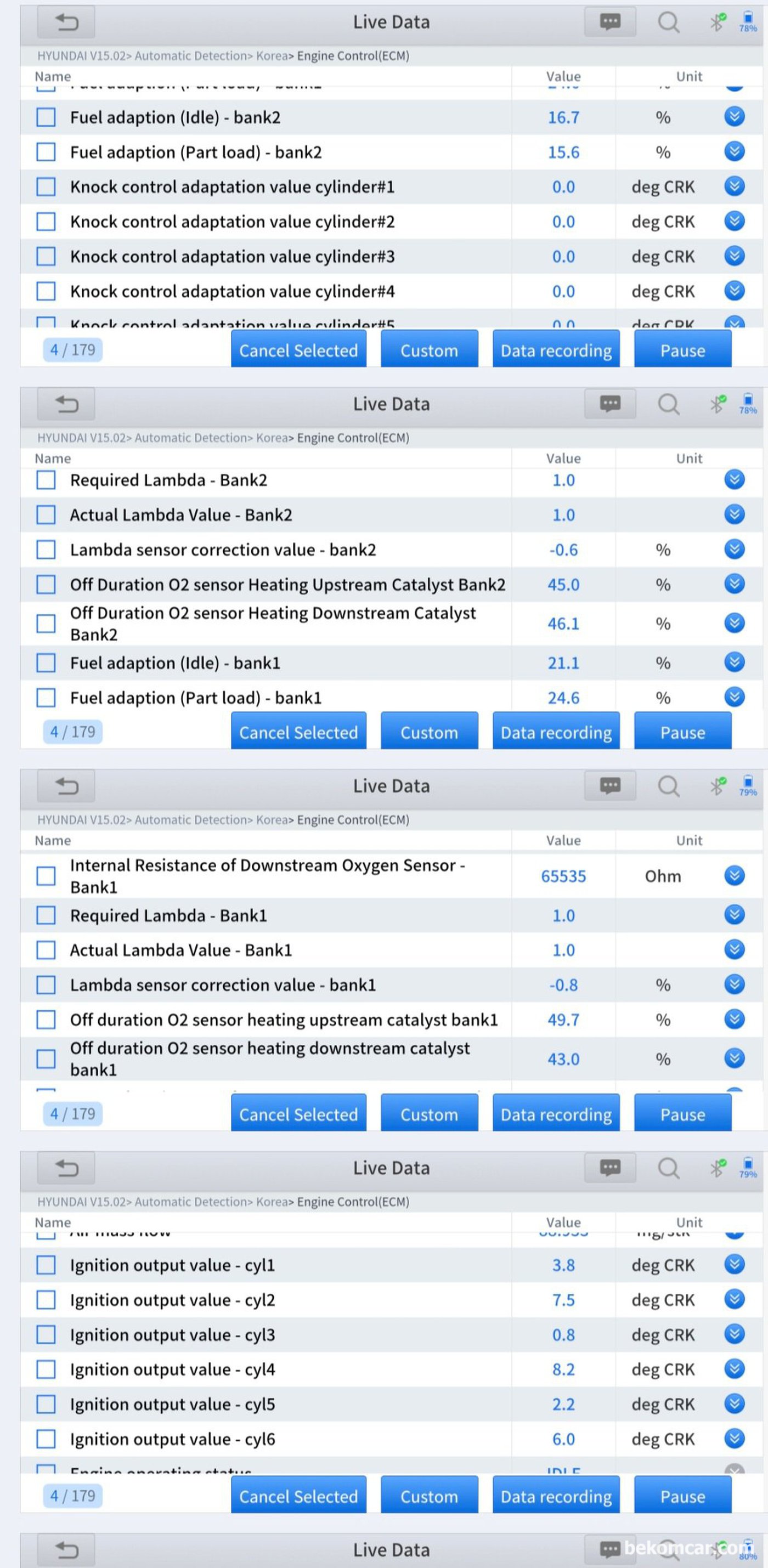 현대자동차 G80 DH 3.3L GDI, 공연비희박 P0171 & 뱅크1 촉매하단 산소센서2번 P0036 고장코드 진단기록.|贝科姆汽车 (bekomcar)