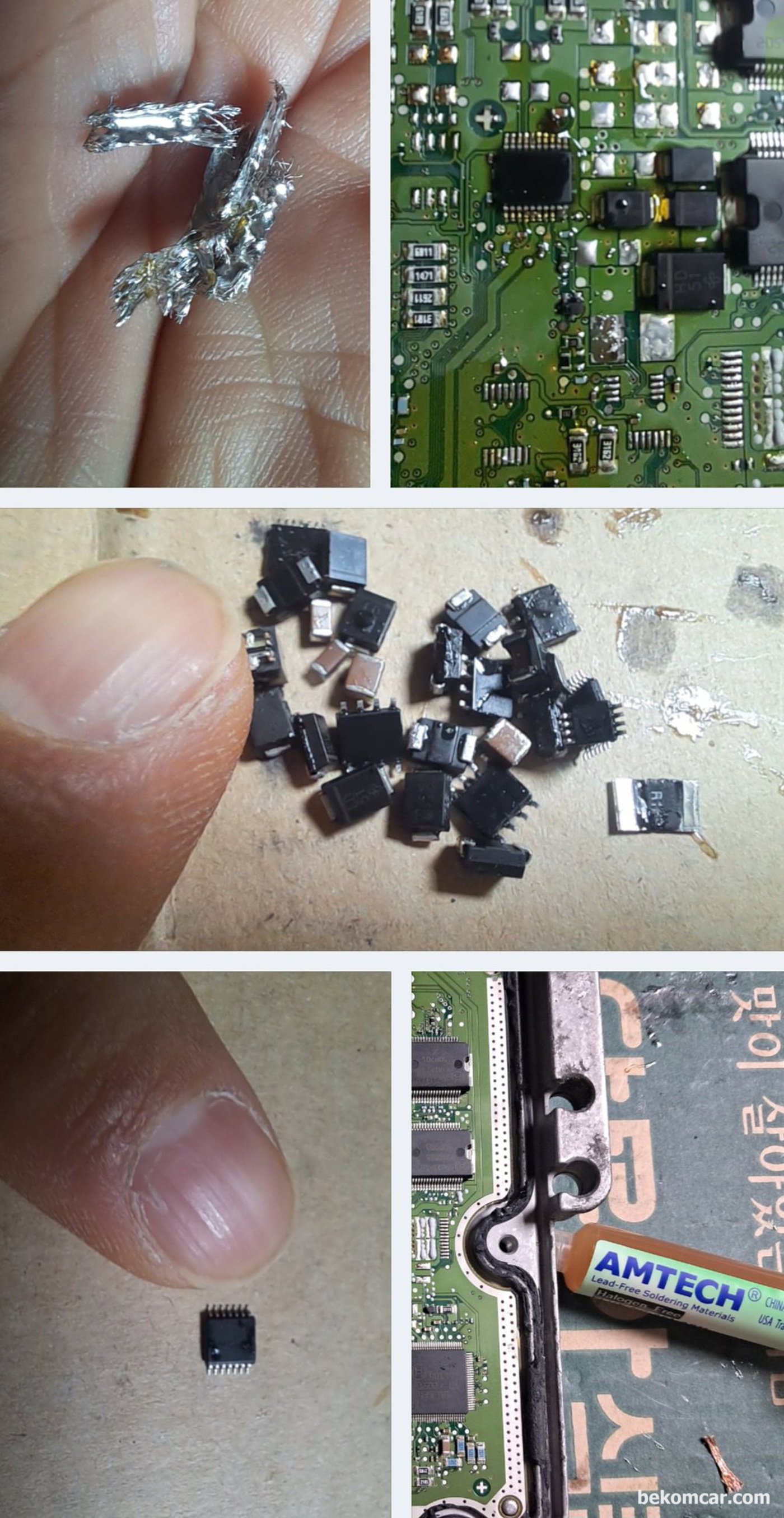 추가적인 ECU SMD 칩 작업으로, 저항등 SMD 부품을 PCB손상없이 분리하는 과정이다. SMD 부품들이 참 작기는 작다. BMW ECU,  포드 ECU,  포르쉐 ECU등 작업시 필요한 스킬이다.|贝科姆汽车 (bekomcar)