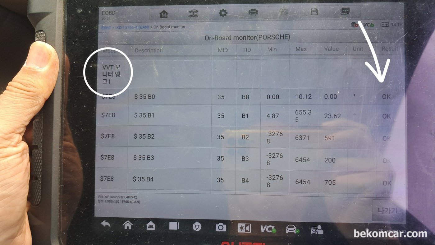 포르쉐 VVT인  VarioCAM Plus DME 자체 테스팅시 뱅크1  및 뱅크2 둘 다 통과함. Valve Lift 솔레노이드 제어로 캠 로브 높이를 바꾸어 주는 기능이다.공기량 조절 밸브오버랩 조정기능으로 혼다 VTEC 과 같은 이치이다. 카이엔 2011 V8 4.8L에는 흡기에만 설치되어 있다.|베콤카 차량정밀진단