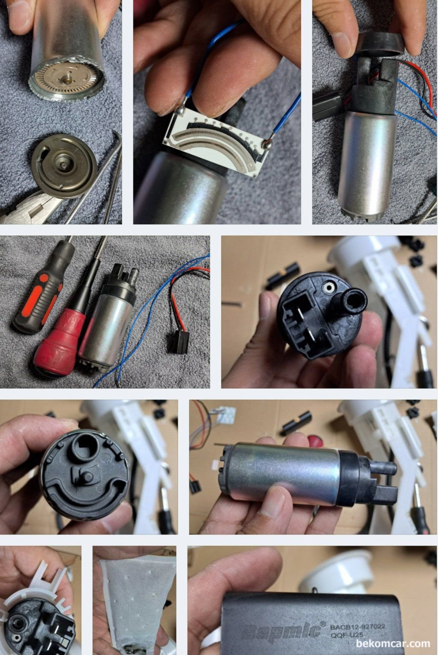 타 차량 연료펌프 어셈블리이 이다. 하지만 대부분 연료탱크 내부에 있는 연료펌프 어셈블리는 비슷하 구조이다. 일반적인 연료펌프 어셈블리 교체 작업사진들이다. 보통 연료펌프모터, 연료필터, 센딩유닛, 압력조절기 등으로 구성되어 있다.|贝科姆汽车 (bekomcar)