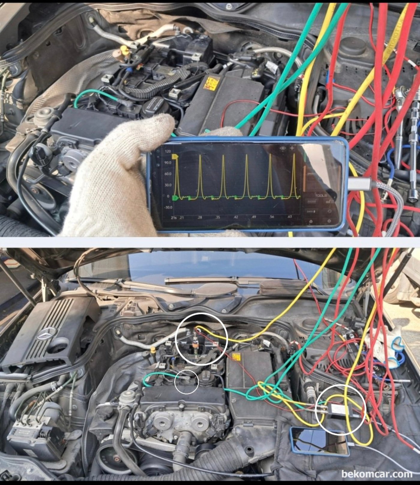 벤츠 W211 E200K P0304 실화진단 관련기록 이다. MartinLoren.com 의 HS512Max 자동차전용 스코프와 ROTKEE.com 의 PS16 실린더압축압력센서 (In Cylinder Pressure Transducer)를 이용했다|ベコムカー (bekomcar)