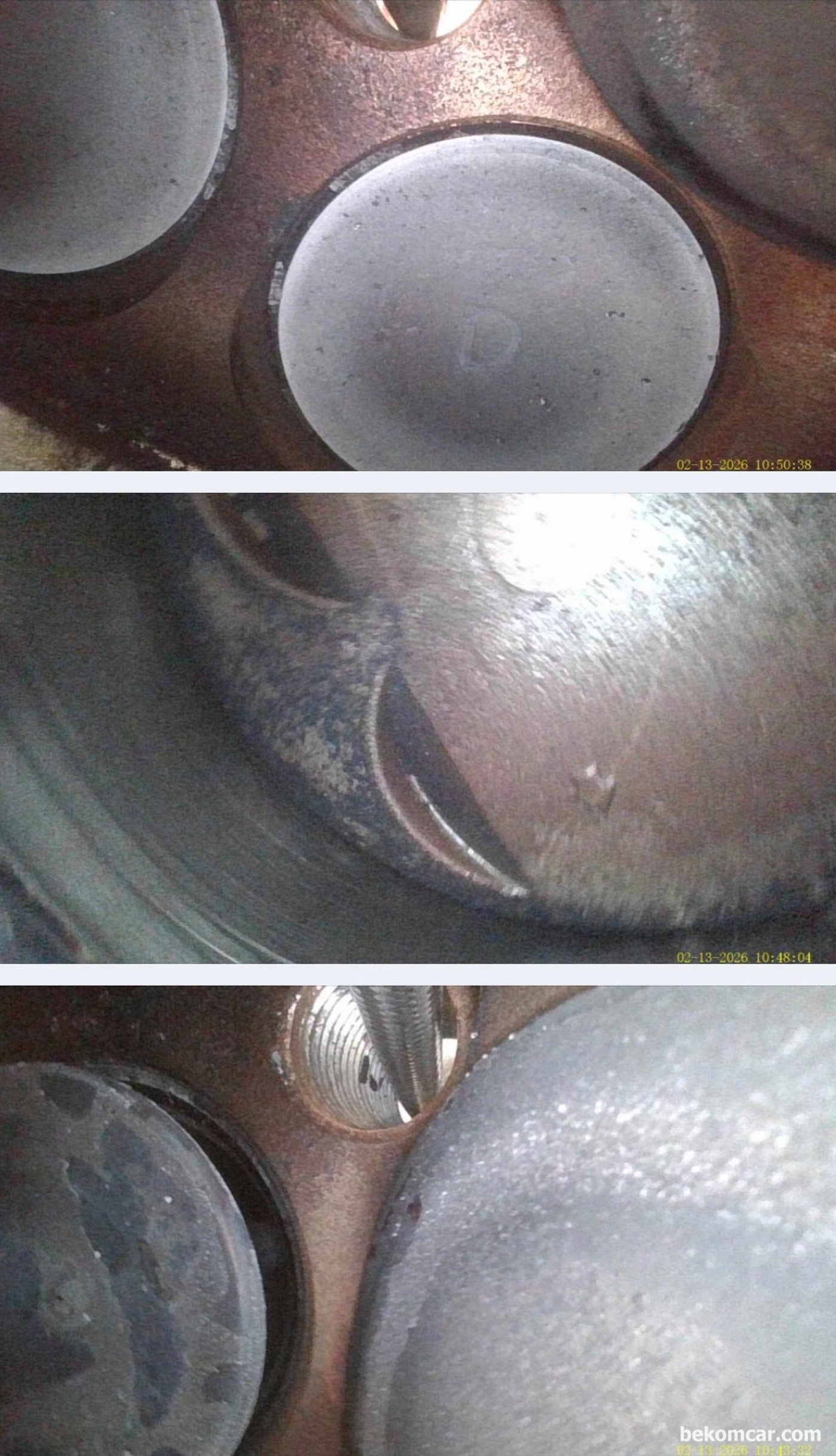 실린더 벽 스크래치 및 피스톤 헤드 상태로 2010년 혼다 VCM엔진과 비교해서 상당히 좋은편이다.수원 중고차매매단지 도이치오토월드 출장진단, 2010년 혼다 어코드 V6 3.5L 중고차구매 과정중에 헤드 및 피스톤 등 실린더 내시경 검사이다.|베콤카 차량정밀진단