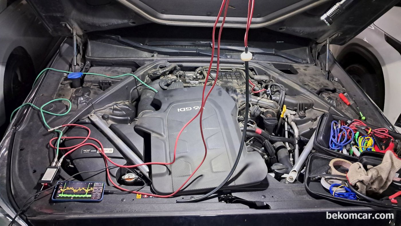 제네시스 2017년 EQ900 3.8L GDI 배기펄스 파형기록 이다. Martin Loren HS512Max 오실로스코프와 ROTKEE PDS 피에조 펄스센서 및 VS 진동센서등을 사용하여 엔진상태 진단을 하였다. 2017년 약 24만키로 주행한 GDI 람다2 엔진을 감안하면 엔진 과 촉매등 상태가 매우좋게 측정된다.|ベコムカー (bekomcar)