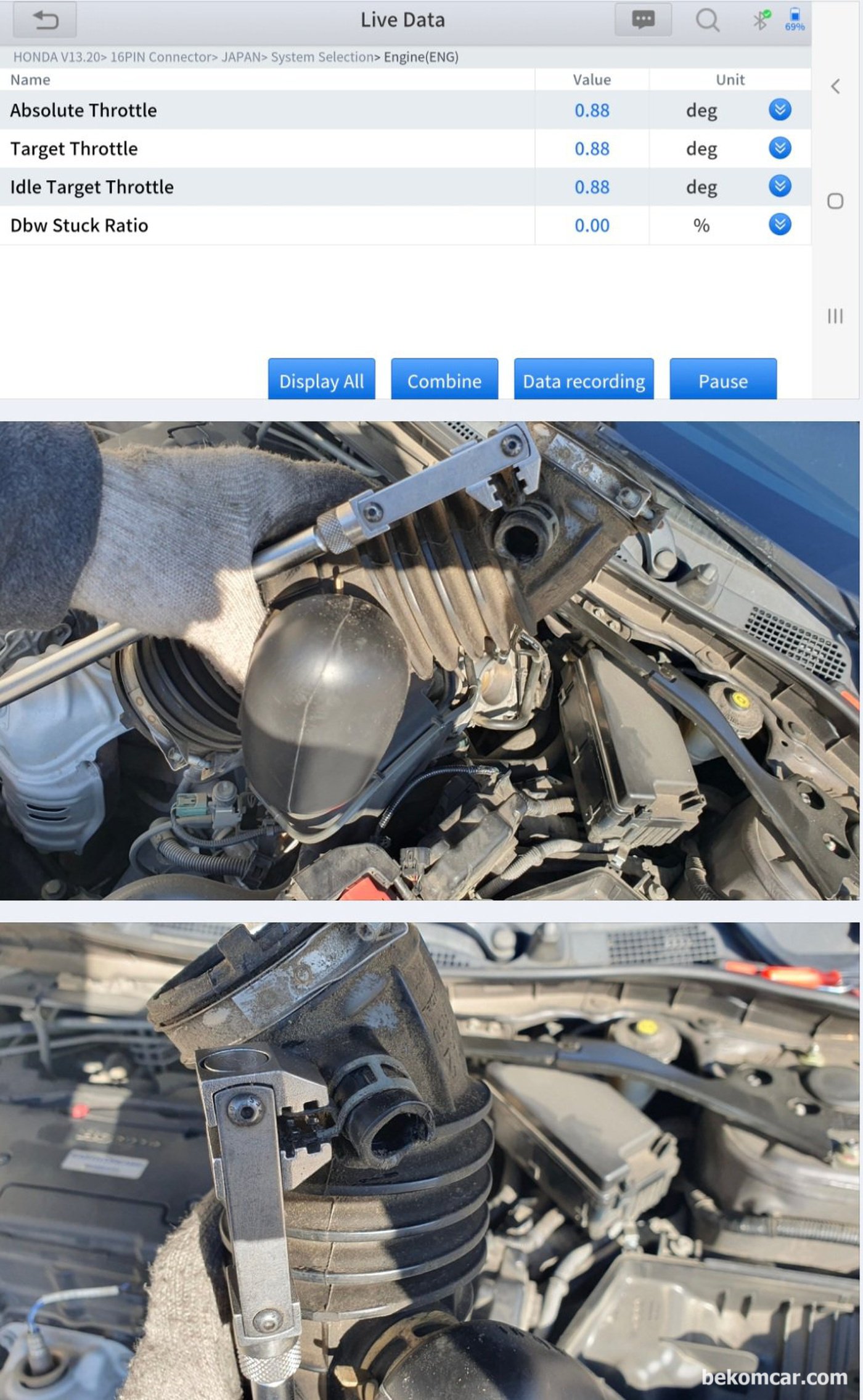 혼다 어코드 9세대 2.4L 쓰로틀바디 청소후 진단기로 TPS 초기화 및 ECM 리셋을 해 준다. 그리고 시동걸고 이상없는지 확인, 다음에 진단기 상 DBW Stuck Ratio 쓰로틀바디 막힘율이 0%인지 쓰로틀바디 열림각도가 1.5도 이하인지 확신한다. 0.5도 정도의 쓰로틀바디 열림각도는 그만큼 작업이 잘 되었다는 의미이다.|ベコムカー (bekomcar)