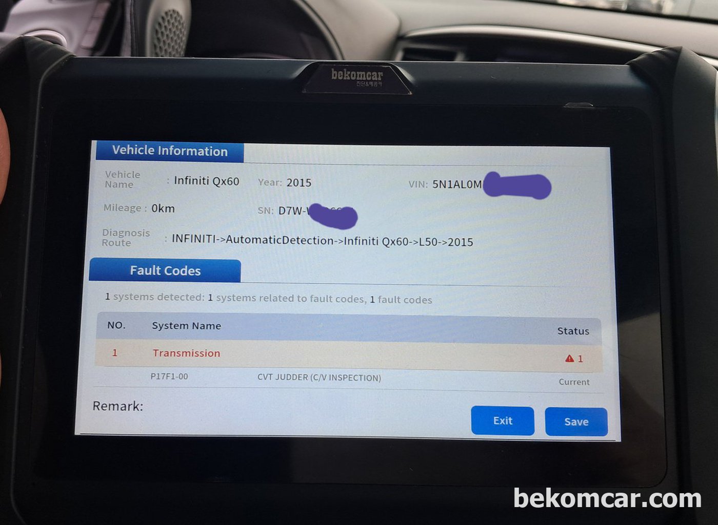 고장코드 2개중 하나는 CVT미션 고장코드로 P17F1 CVT JUDDER 이다. 베콤카 중고차 구매점검은 수원중고차 매매단지의 인피니티 2013년 약 15만키로주행한 QX60 SUV이다|베콤카 중고차구매진단