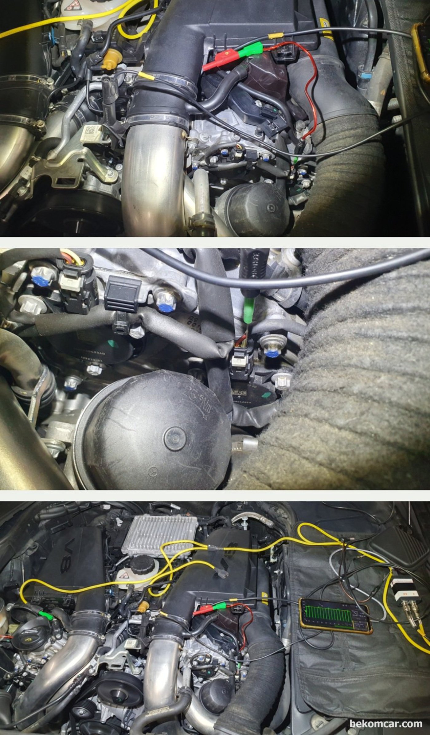 벤츠 W222 S500 중고차구입 점검, 출장 점검은 서서울모터리움 중고차 매매단지 이다. 오실로스코파형 분석을 활용하여 엔진 타이밍 등 전장적인 진단을 하고 있다. 엔진룸 누유 누수가 발견되지 않고 상당히 상태는 좋게 판단한다.|bekomcar.com