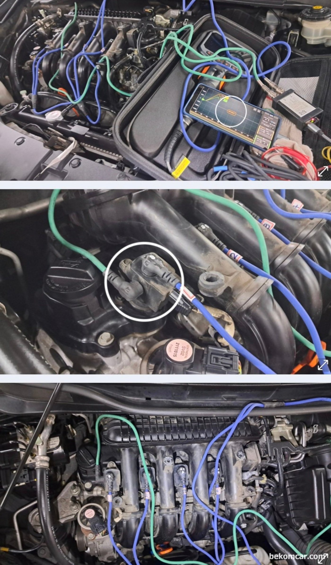 #1번 실린더에는 1채널세서 4개 실린더 점화파형 측정이 가능한 LX4 프로브 이외 싱크채널로 LX1을 추가로 부착했다. 고가의 스코프에서 지원되는 12Bit ADC 지원 HS512Max 스코프와 HSCOPE 프로그램을 사용했다.|ベコムカー (bekomcar)