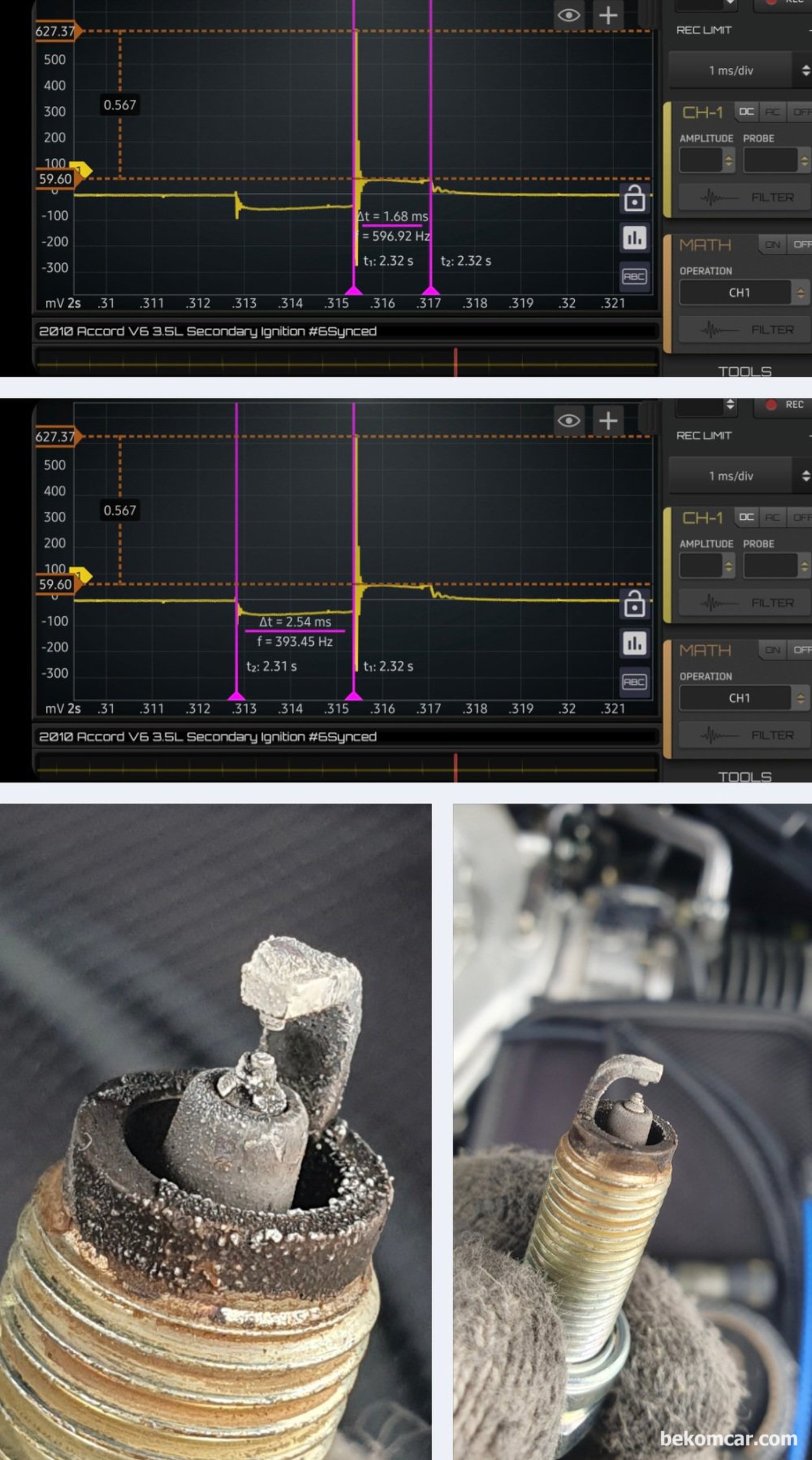 혼다 어코드 8세대 V6 3.5L 1번 ~ 6번 실린더 점화파형 측정과정이다. DWELL TIME & BURN TIME 다 정상이다. 점화플러그는 일부 실린더에서 약간의 엔진오일 소모흔적이 확인된다. 하지만 실화고장코드 는 없다. 점화플러그 육안점검 결과 튠업을 위하여 점화플러그 는 교체하기를 권장한다.|bekomcar.com