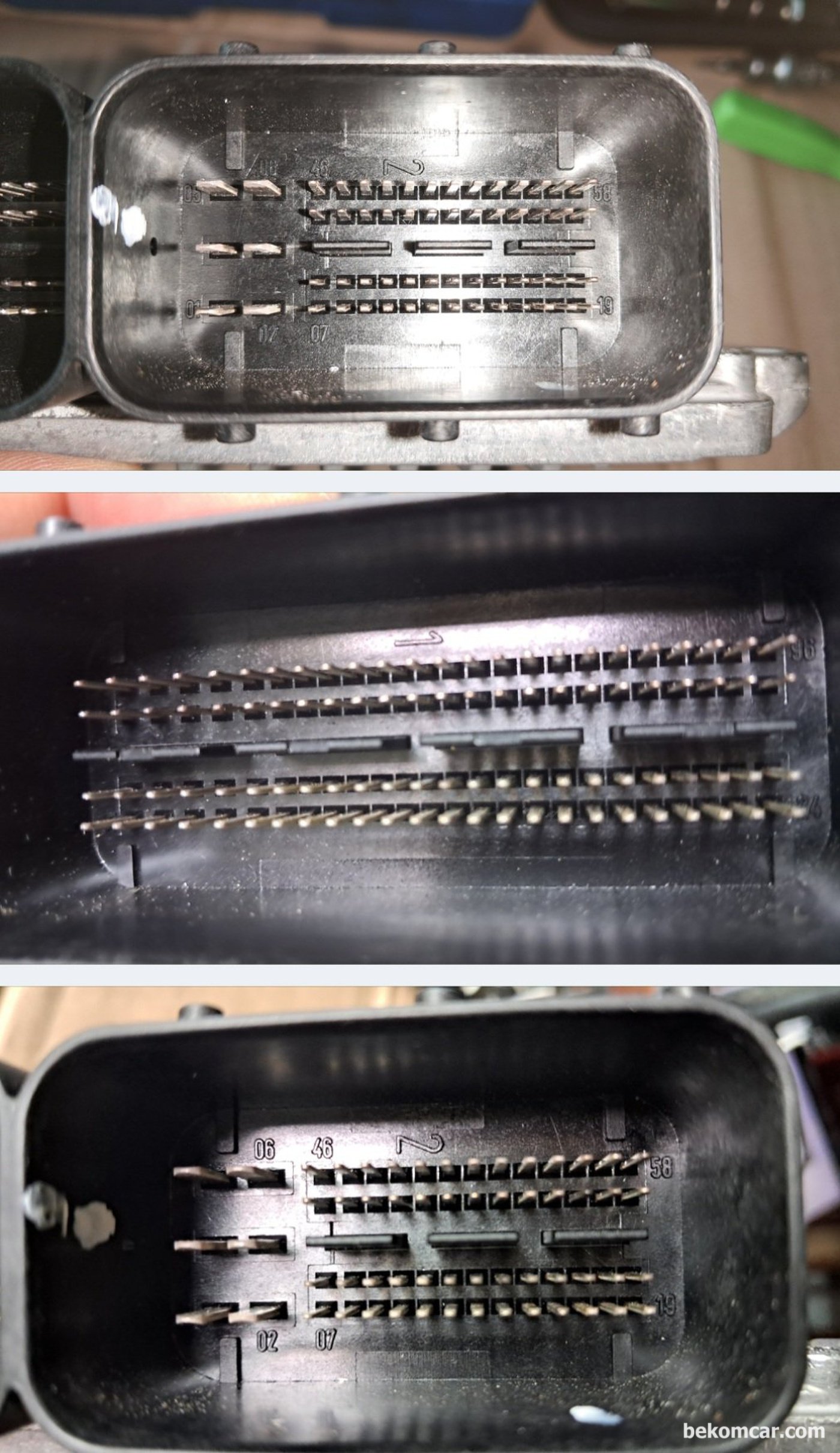 벤츠 S 클래스 2007년 M273 S550 ME9.7 ECU 간헐적 시동불량 증상 진단 및 정비기록이다. ECM 의 코넥터 1 & 2의 핀 번호이다.|베콤카 차량정밀진단